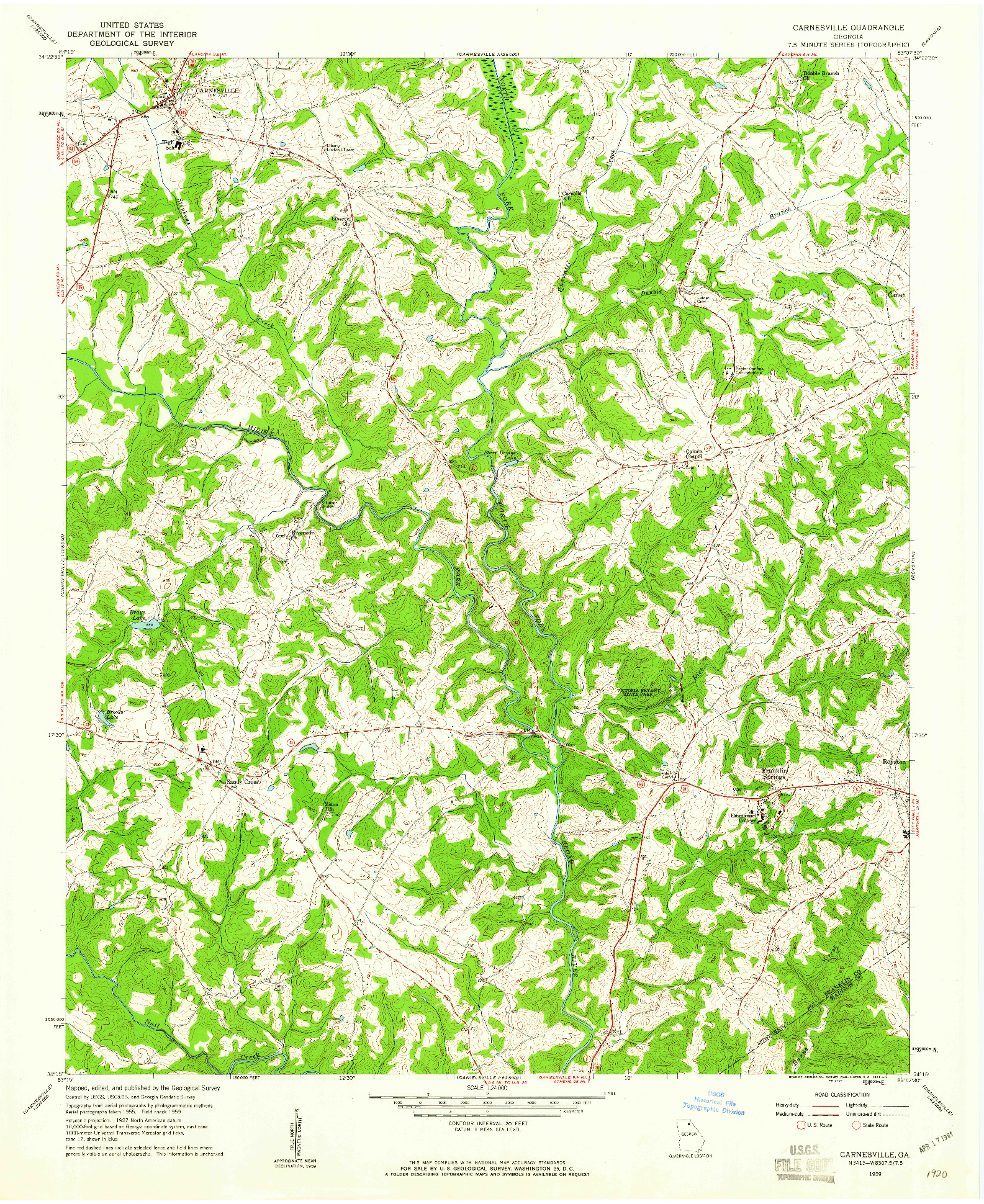 USGS 1:24000-SCALE QUADRANGLE FOR CARNESVILLE, GA 1959