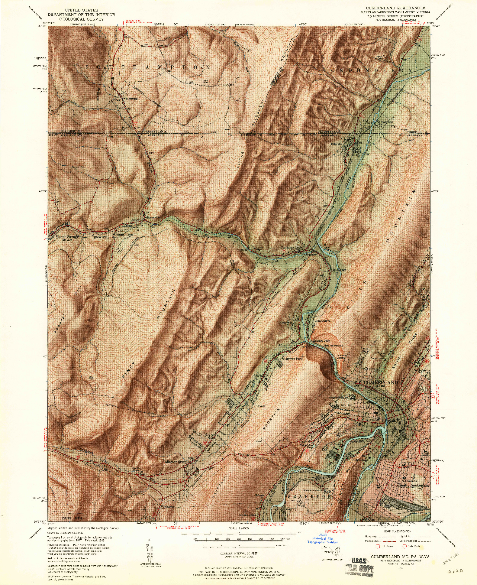 USGS 1:24000-SCALE QUADRANGLE FOR CUMBERLAND, MD 1949