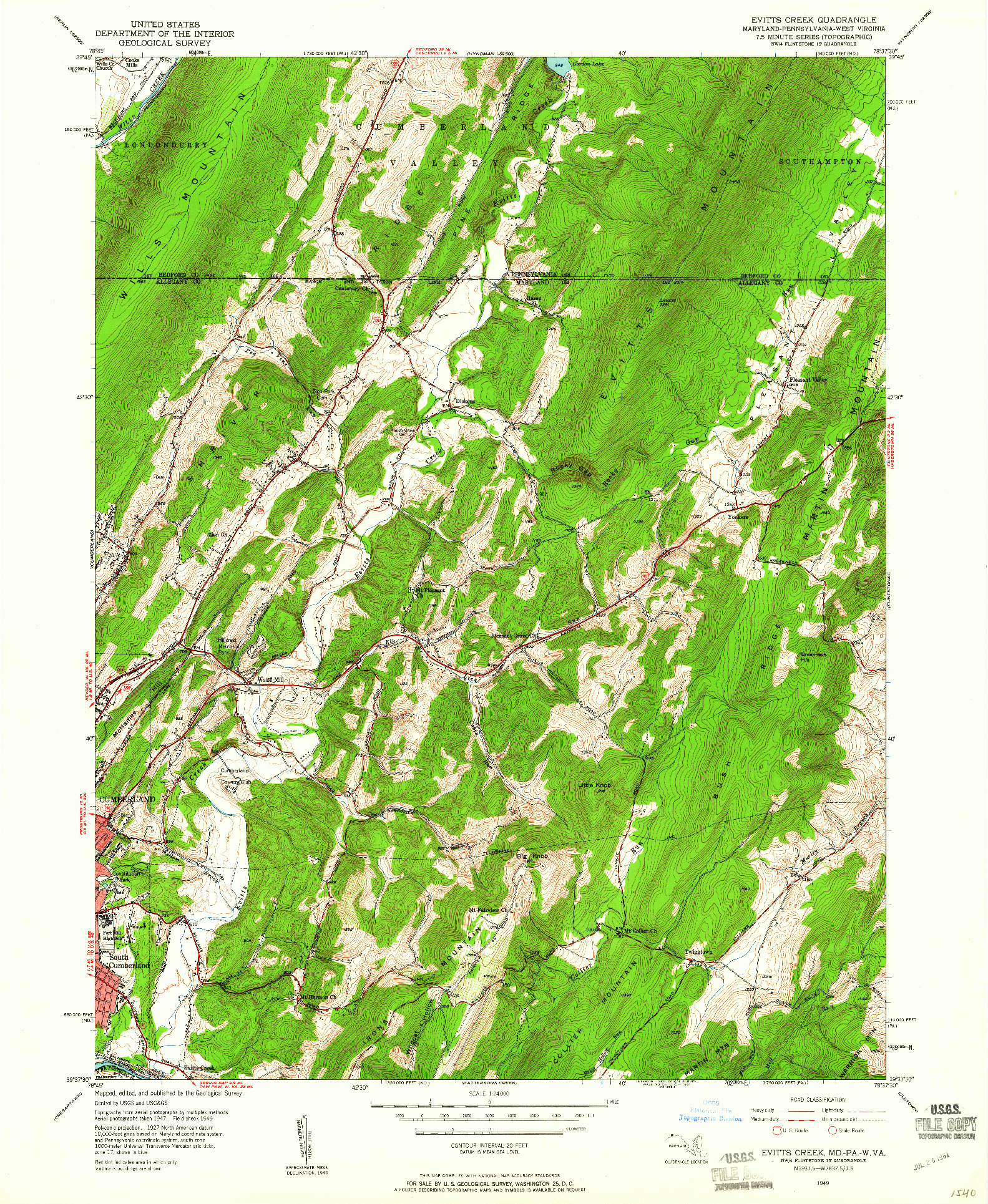 USGS 1:24000-SCALE QUADRANGLE FOR EVITTS CREEK, MD 1949