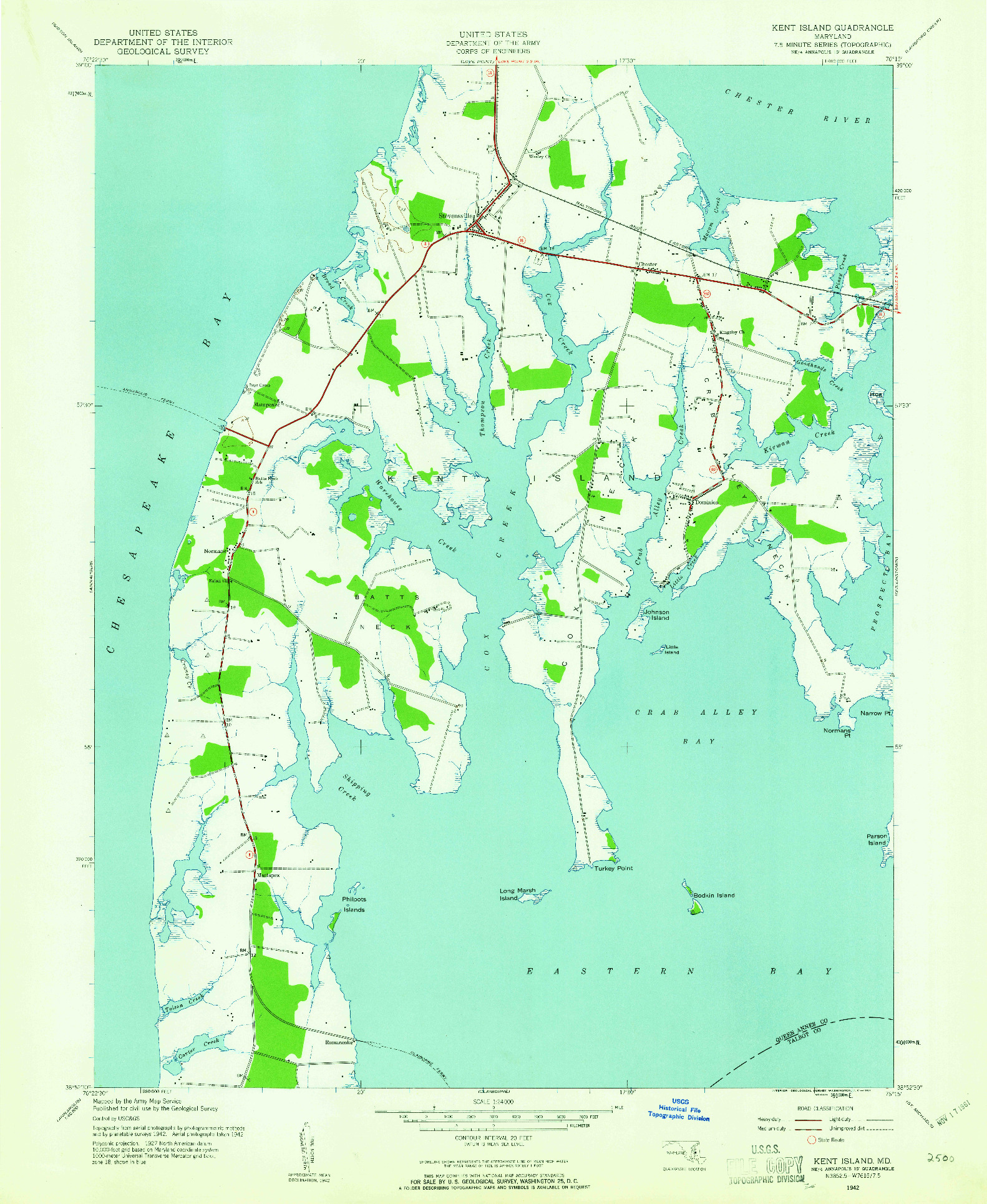 USGS 1:24000-SCALE QUADRANGLE FOR KENT ISLAND, MD 1942