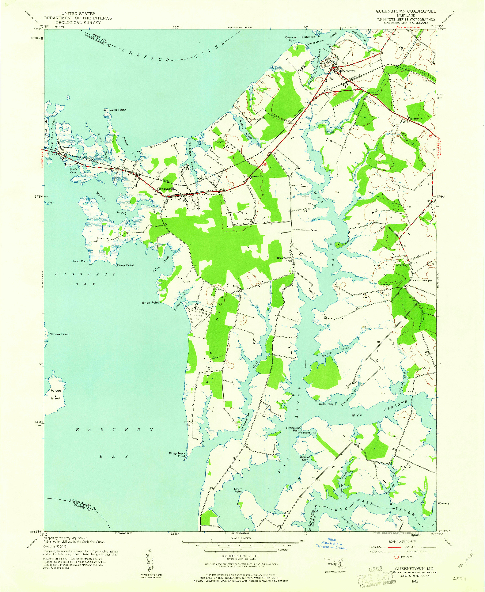 USGS 1:24000-SCALE QUADRANGLE FOR QUEENSTOWN, MD 1942