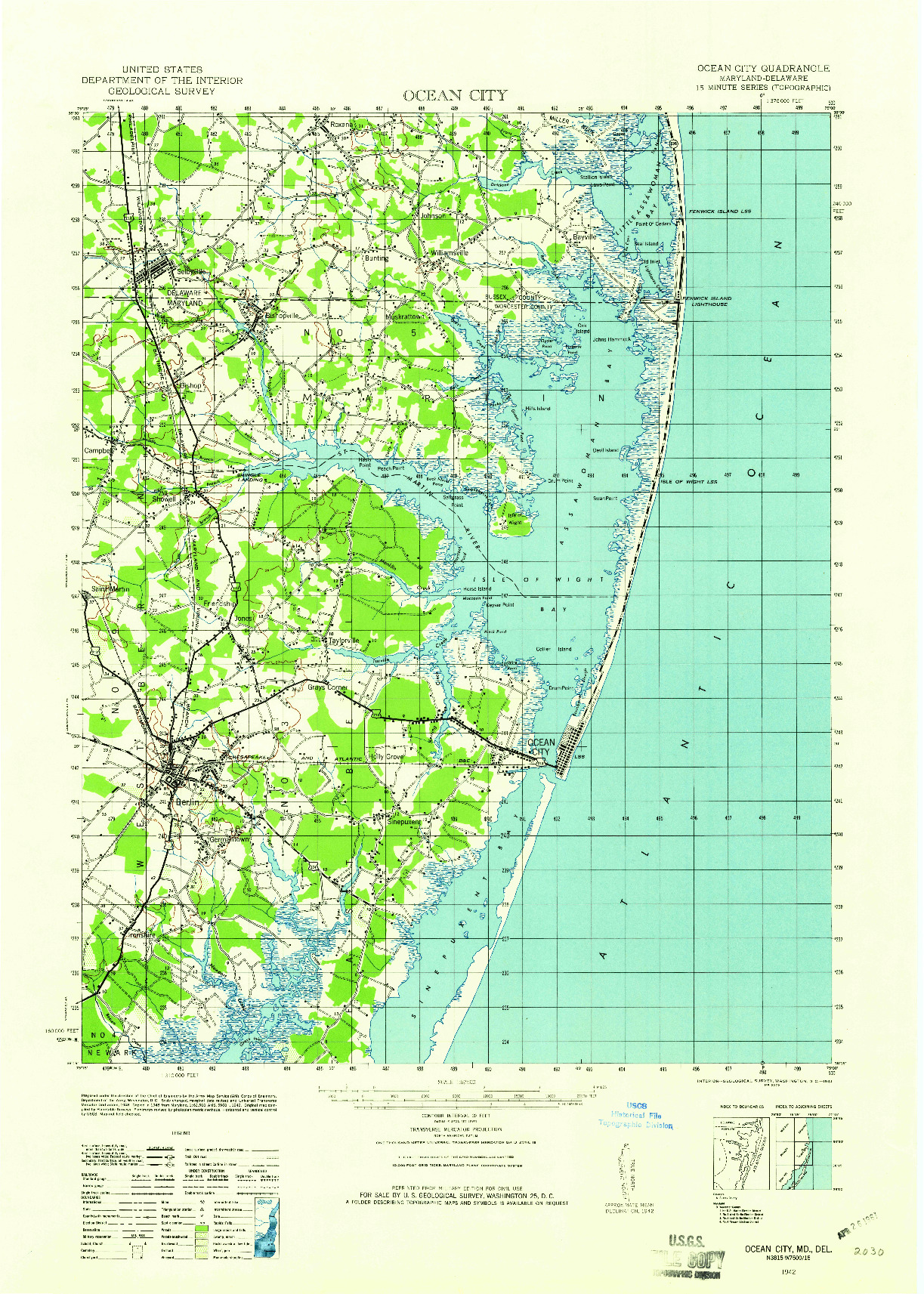 USGS 1:62500-SCALE QUADRANGLE FOR OCEAN CITY, MD 1942