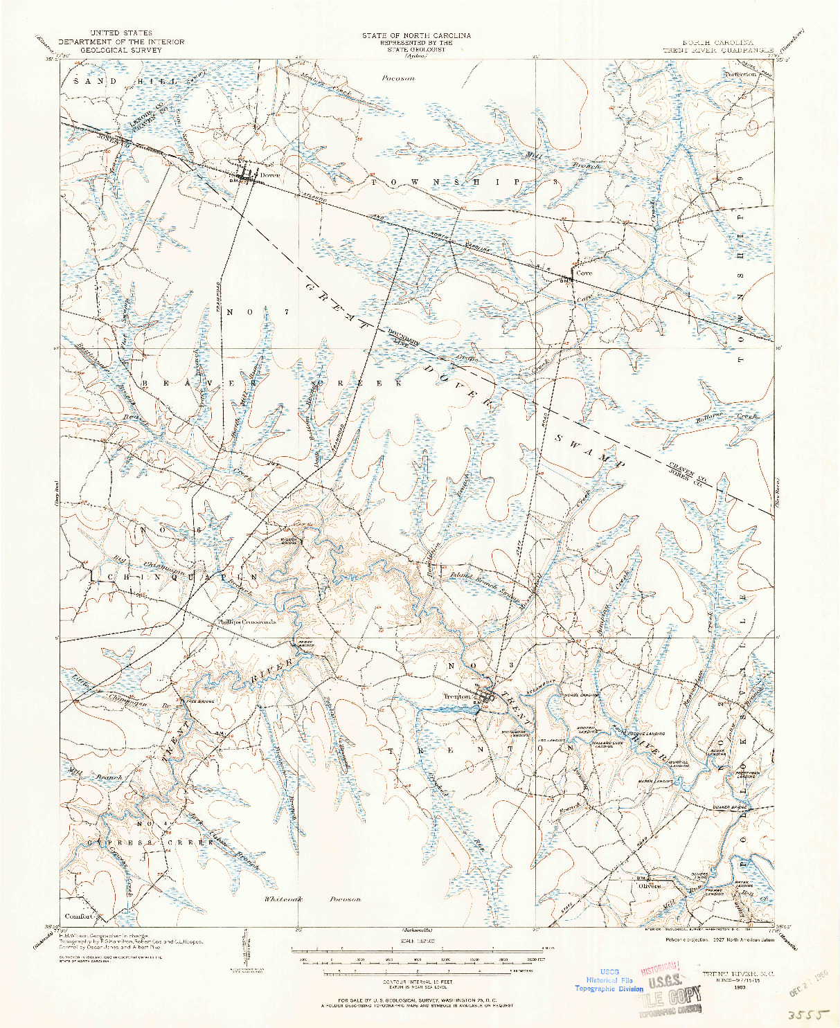 USGS 1:62500-SCALE QUADRANGLE FOR TRENT RIVER, NC 1903