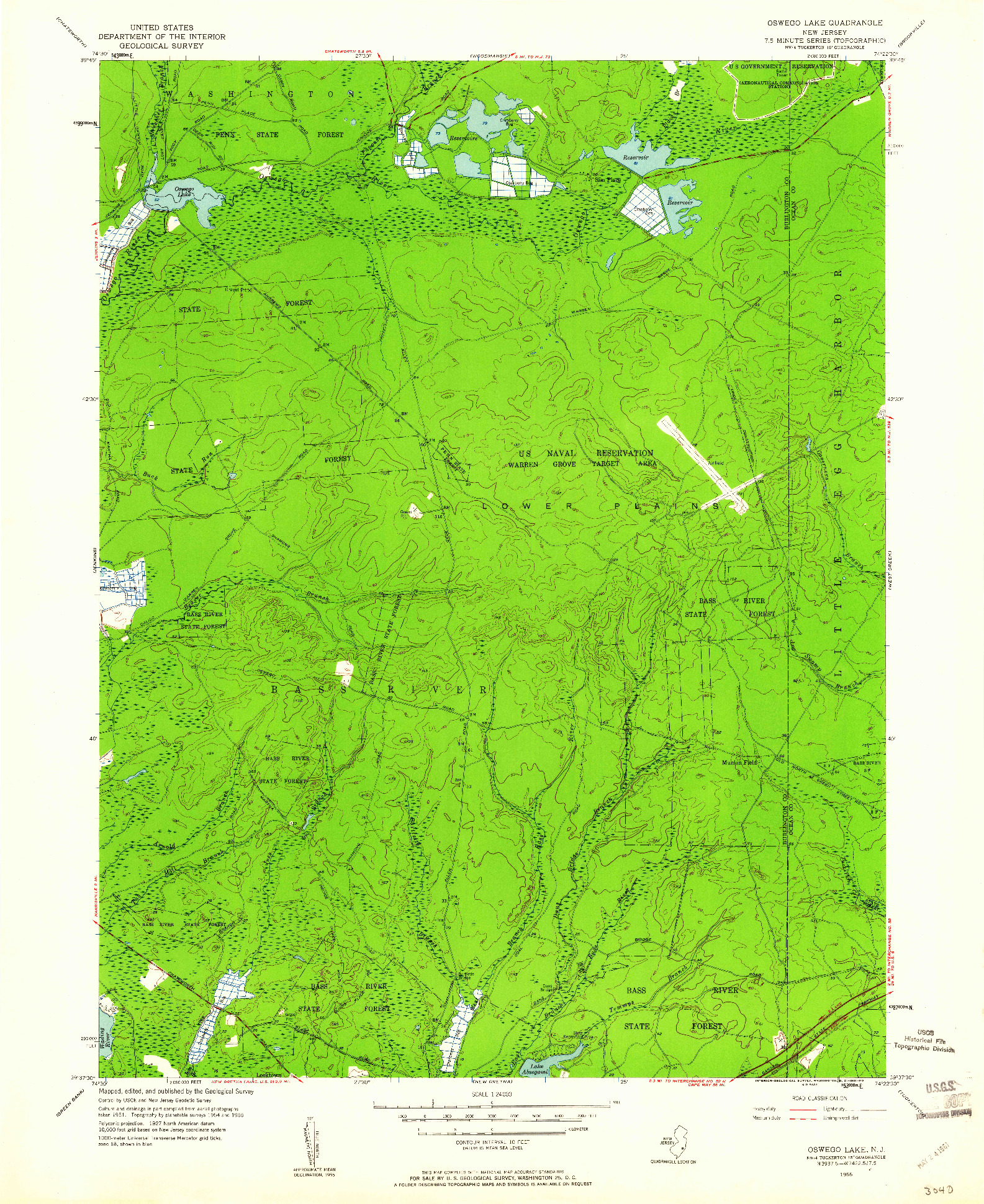 USGS 1:24000-SCALE QUADRANGLE FOR OSWEGO LAKE, NJ 1955