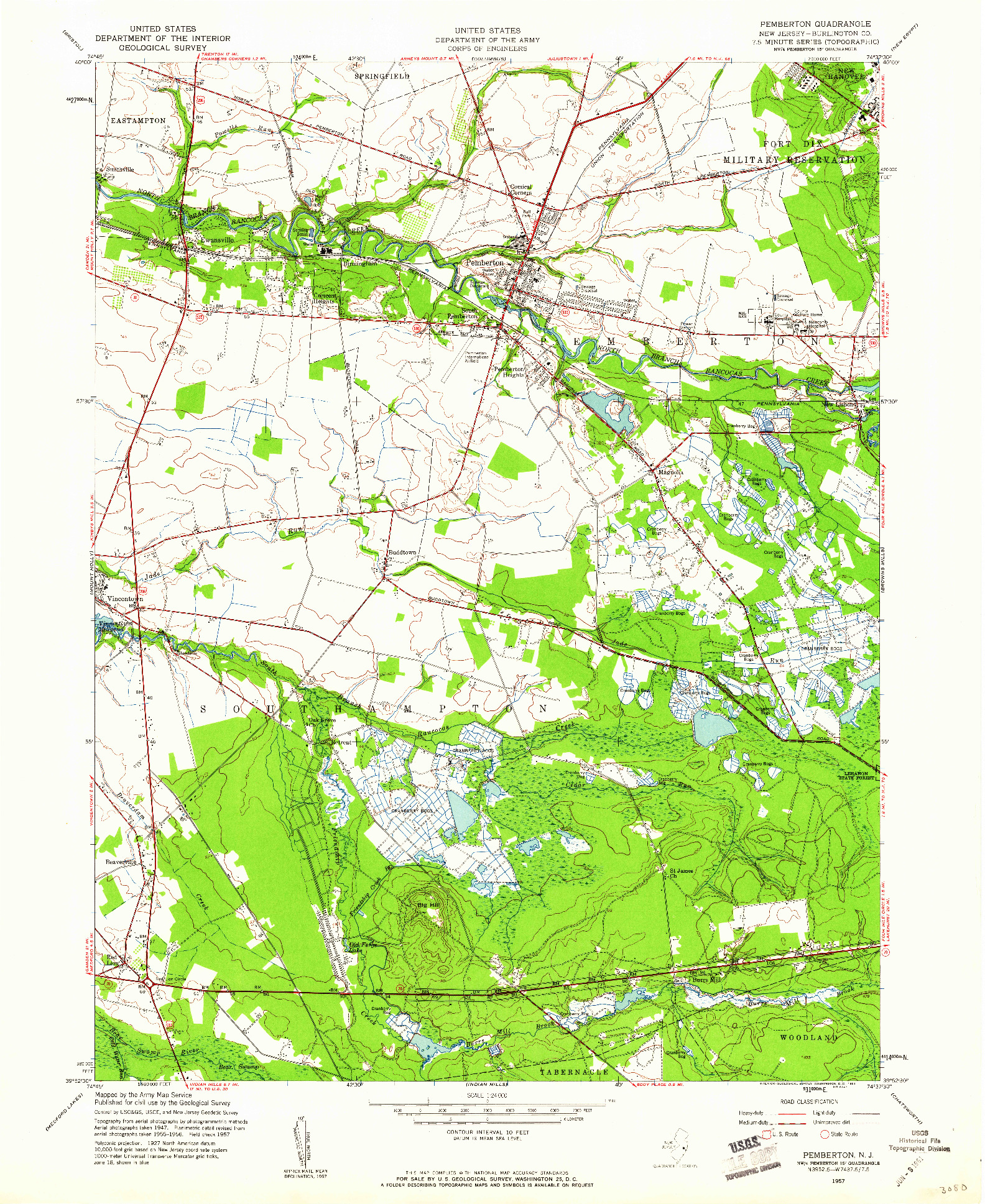 USGS 1:24000-SCALE QUADRANGLE FOR PEMBERTON, NJ 1957