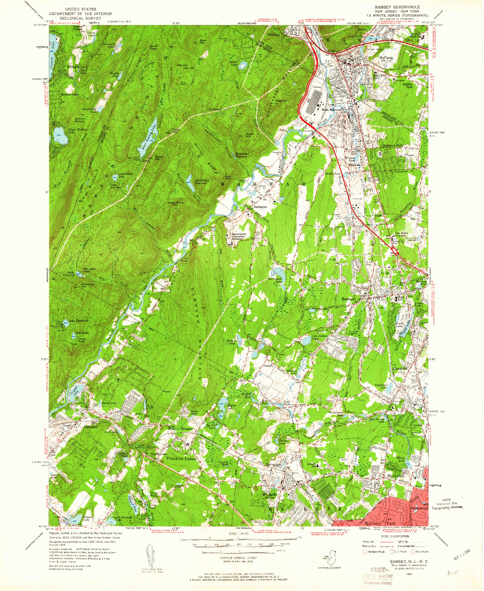 USGS 1:24000-SCALE QUADRANGLE FOR RAMSEY, NJ 1955