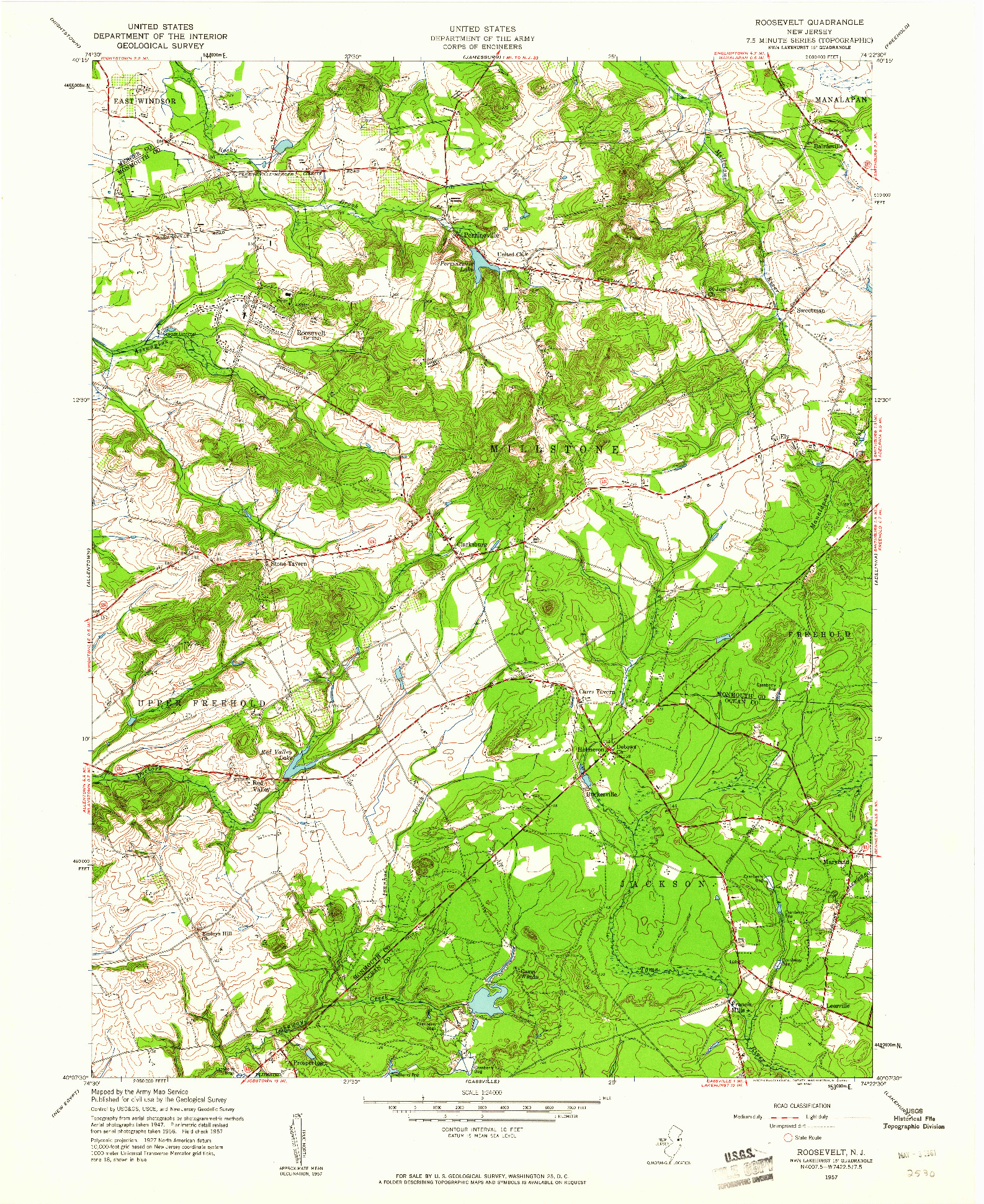 USGS 1:24000-SCALE QUADRANGLE FOR ROOSEVELT, NJ 1957