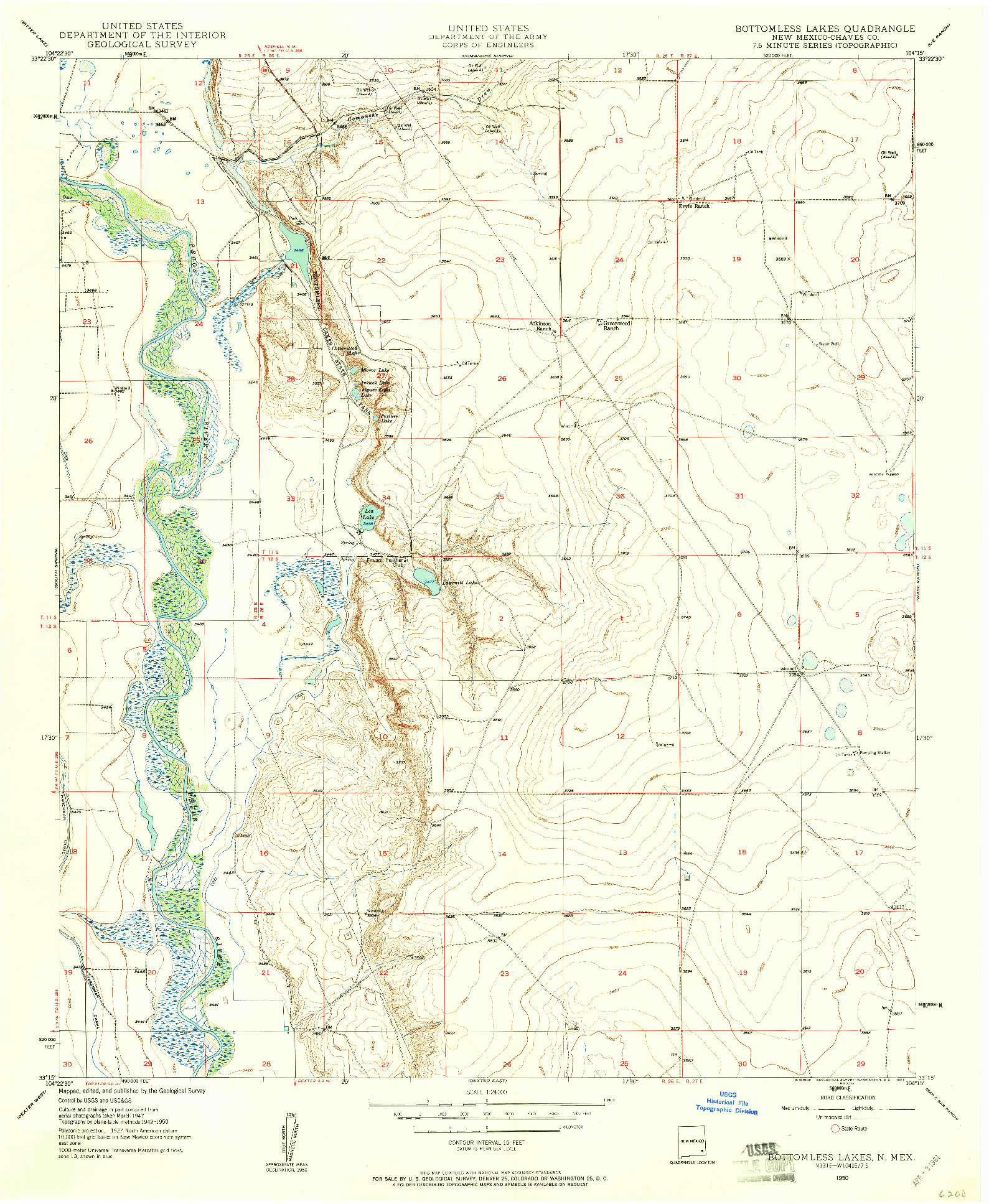 USGS 1:24000-SCALE QUADRANGLE FOR BOTTOMLESS LAKES, NM 1950