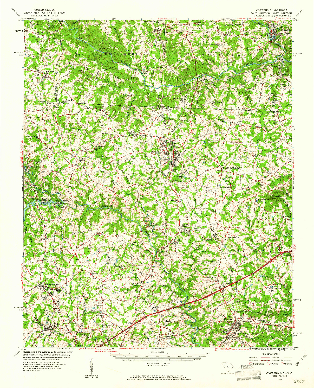 USGS 1:62500-SCALE QUADRANGLE FOR COWPENS, SC 1959