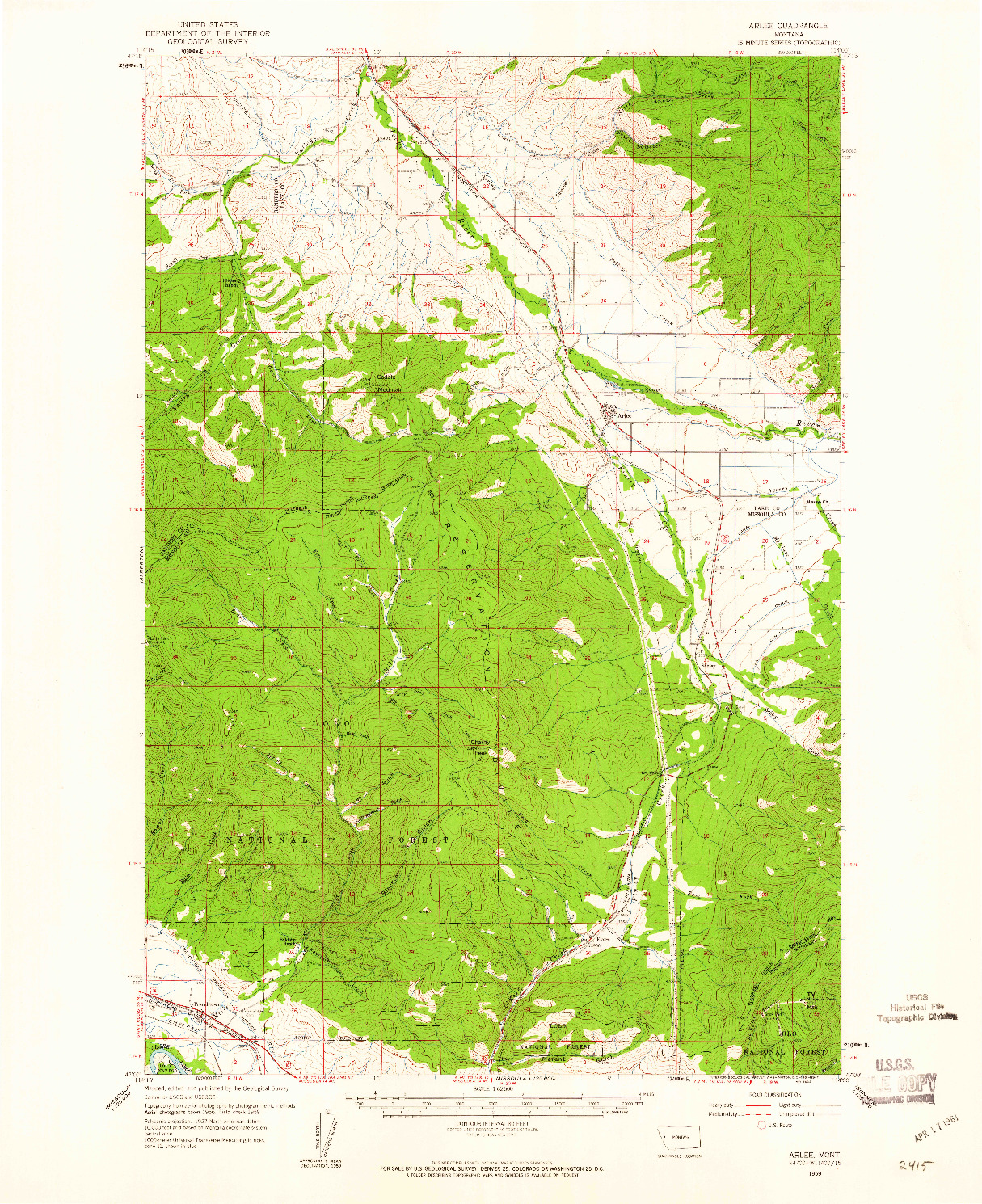 USGS 1:62500-SCALE QUADRANGLE FOR ARLEE, MT 1959