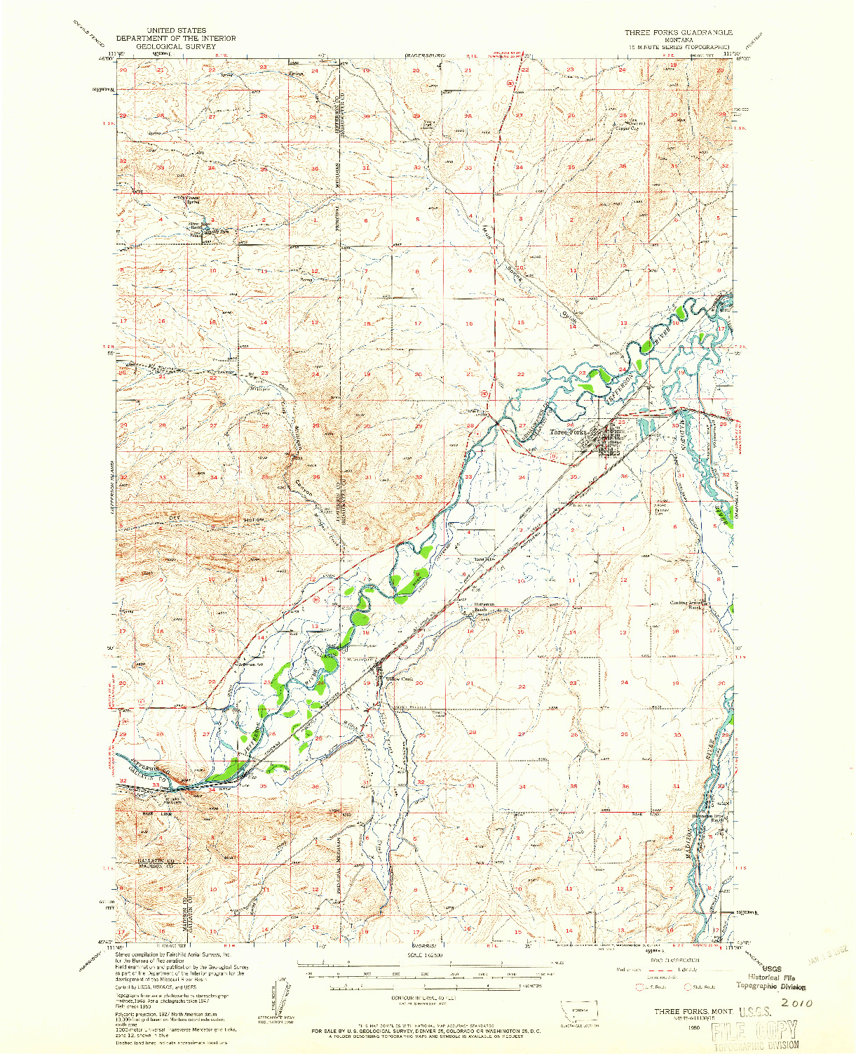 USGS 1:62500-SCALE QUADRANGLE FOR THREE FORKS, MT 1950