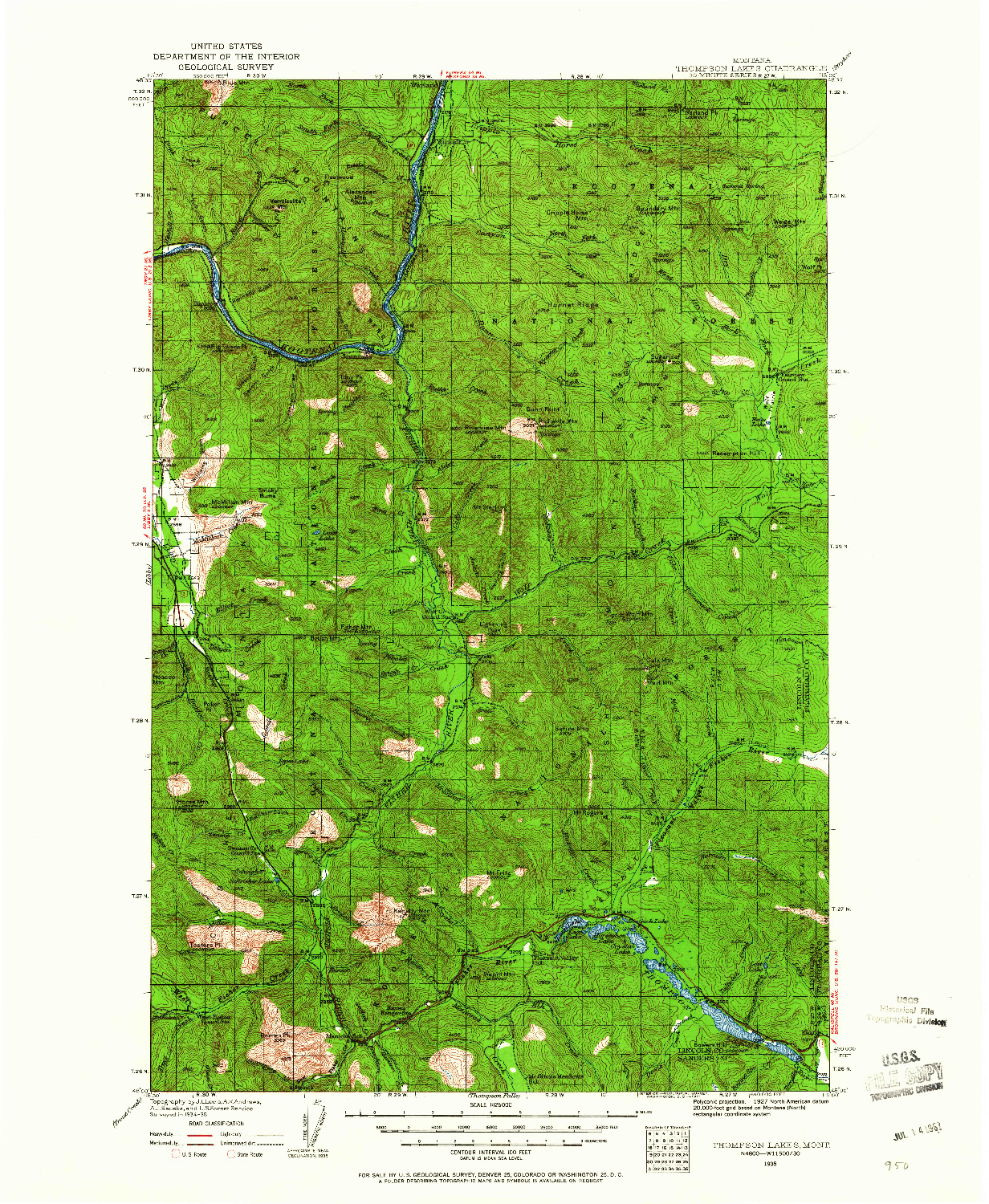 USGS 1:125000-SCALE QUADRANGLE FOR THOMPSON LAKES, MT 1935