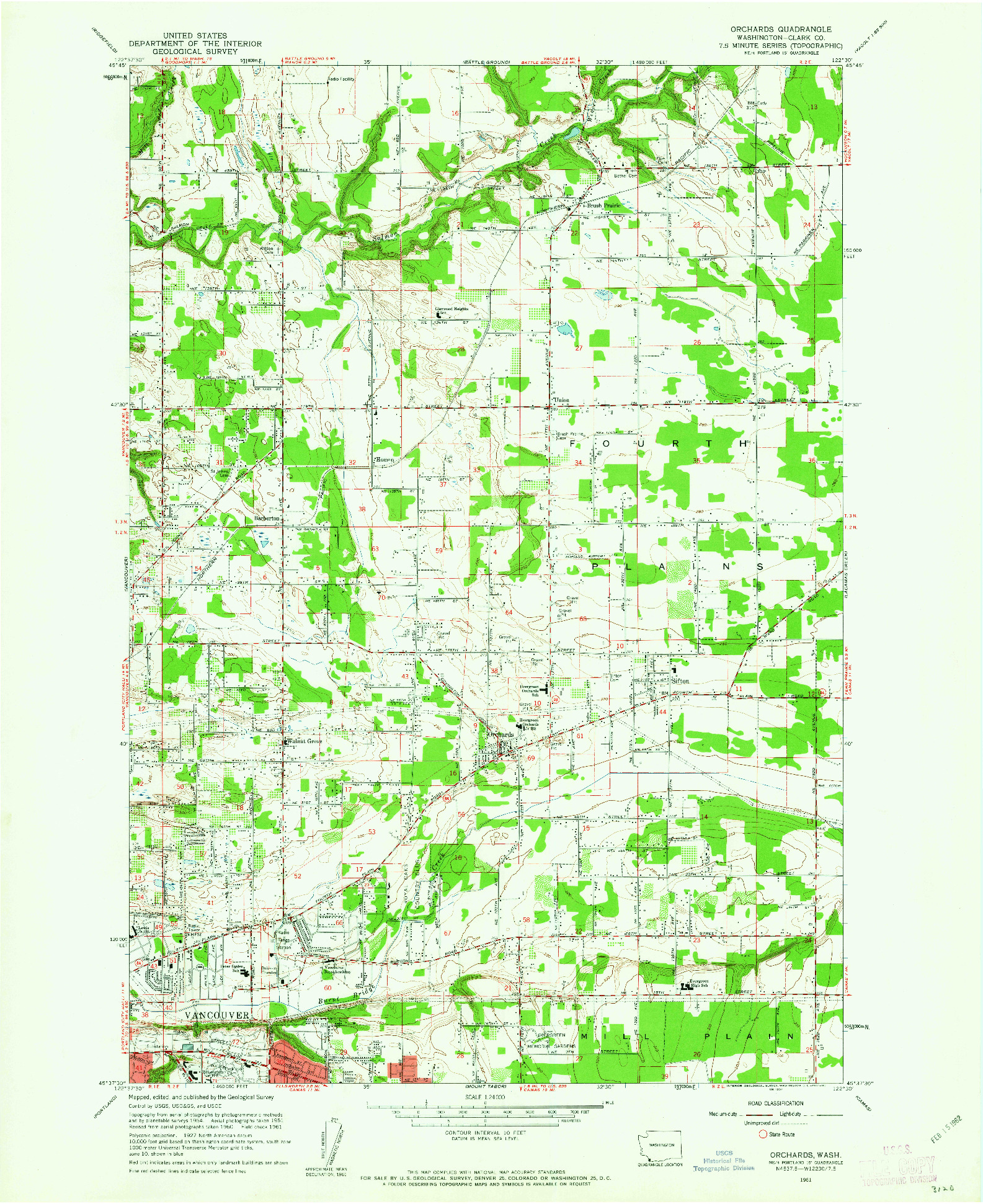 USGS 1:24000-SCALE QUADRANGLE FOR ORCHARDS, WA 1961