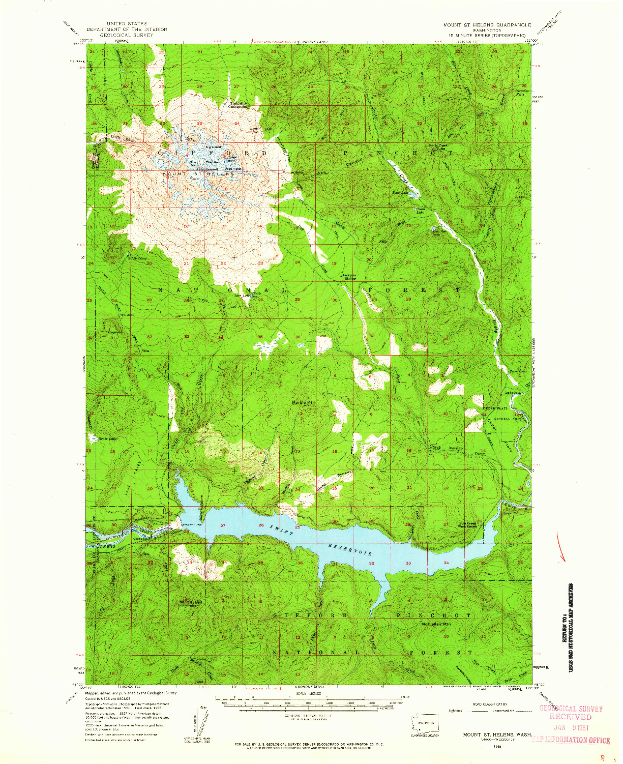 USGS 1:62500-SCALE QUADRANGLE FOR MT ST. HELENS, WA 1958