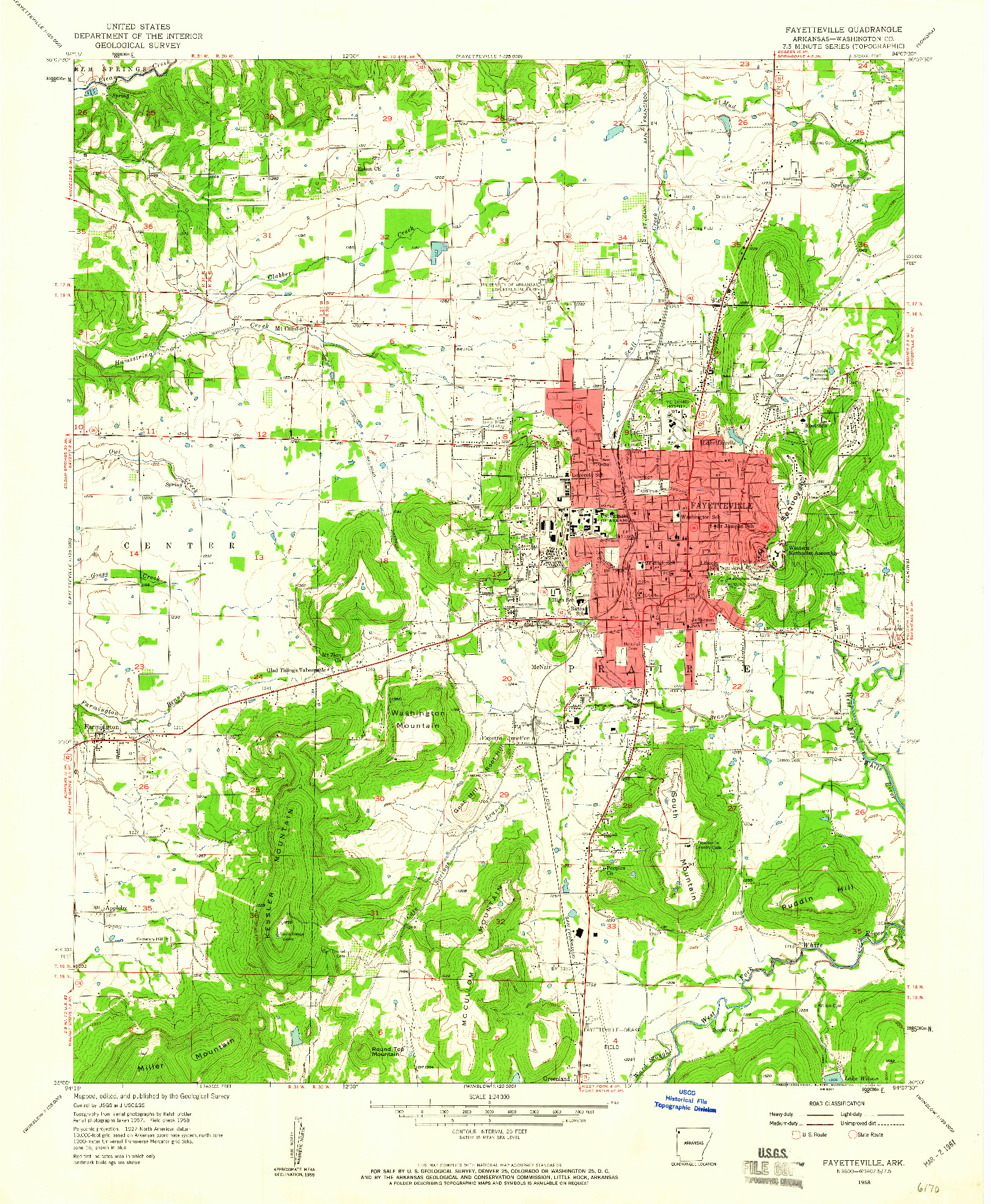 USGS 1:24000-SCALE QUADRANGLE FOR FAYETTEVILLE, AR 1958