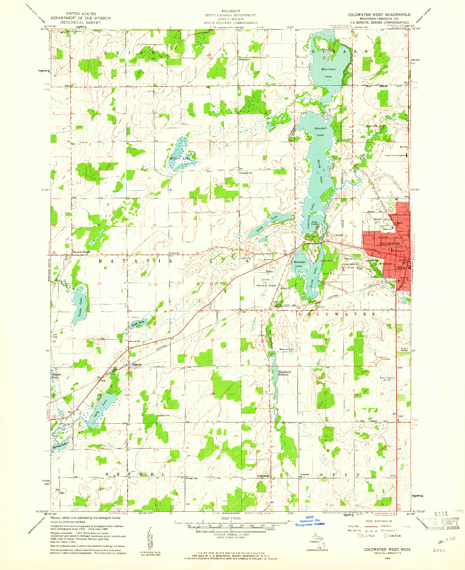USGS 1:24000-SCALE QUADRANGLE FOR COLDWATER WEST, MI 1960