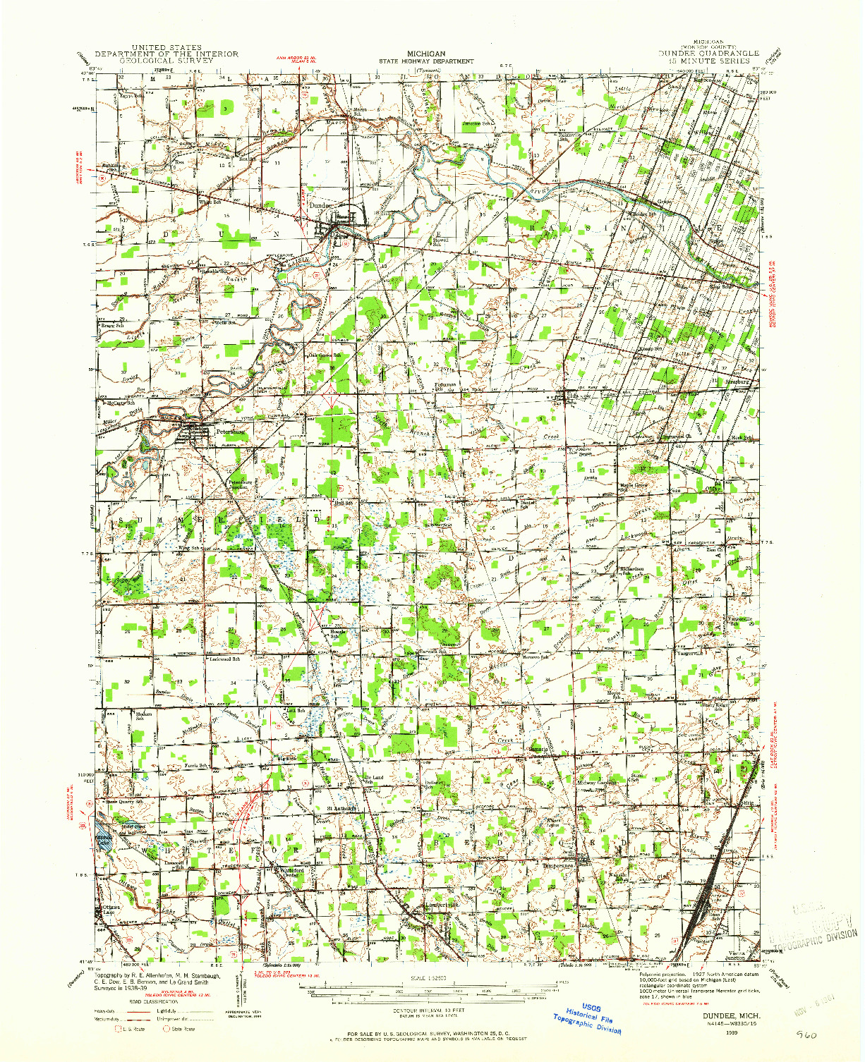 USGS 1:62500-SCALE QUADRANGLE FOR DUNDEE, MI 1939