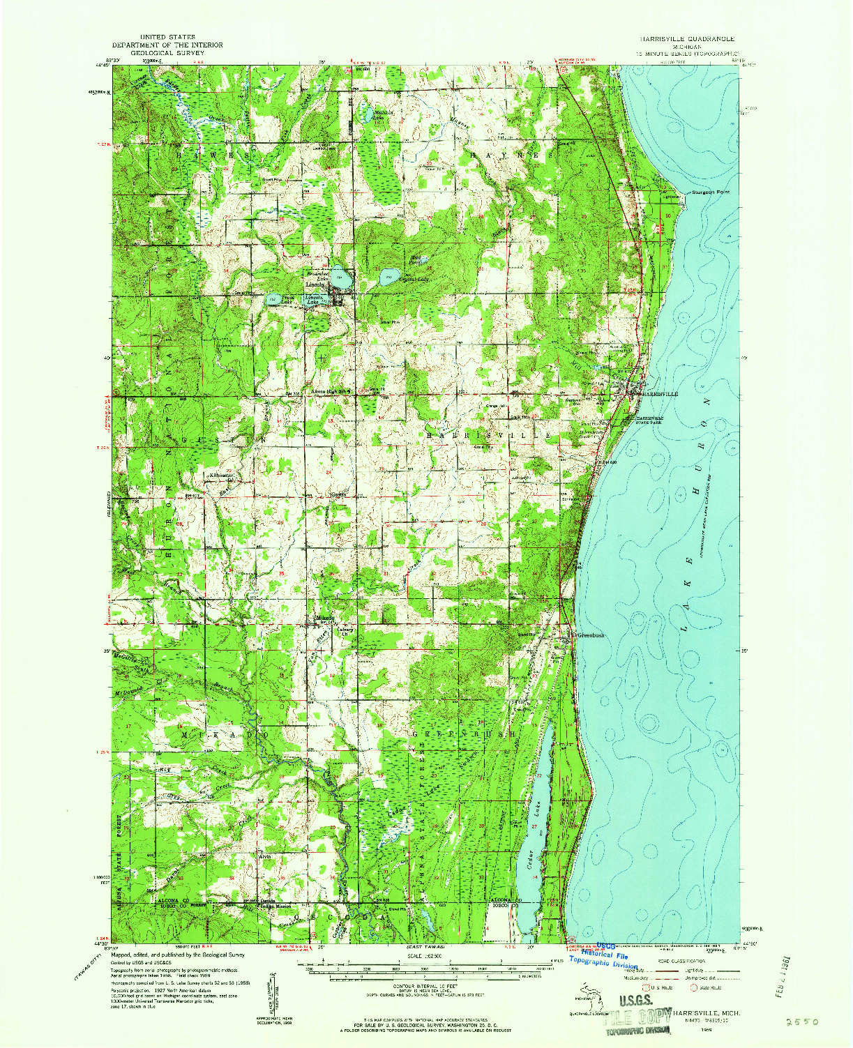 USGS 1:62500-SCALE QUADRANGLE FOR HARRISVILLE, MI 1959