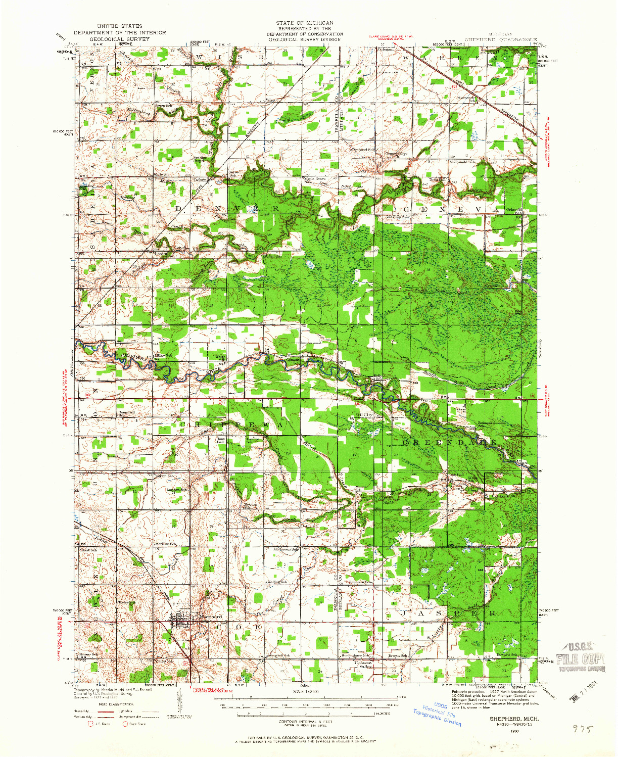 USGS 1:62500-SCALE QUADRANGLE FOR SHEPHERD, MI 1930