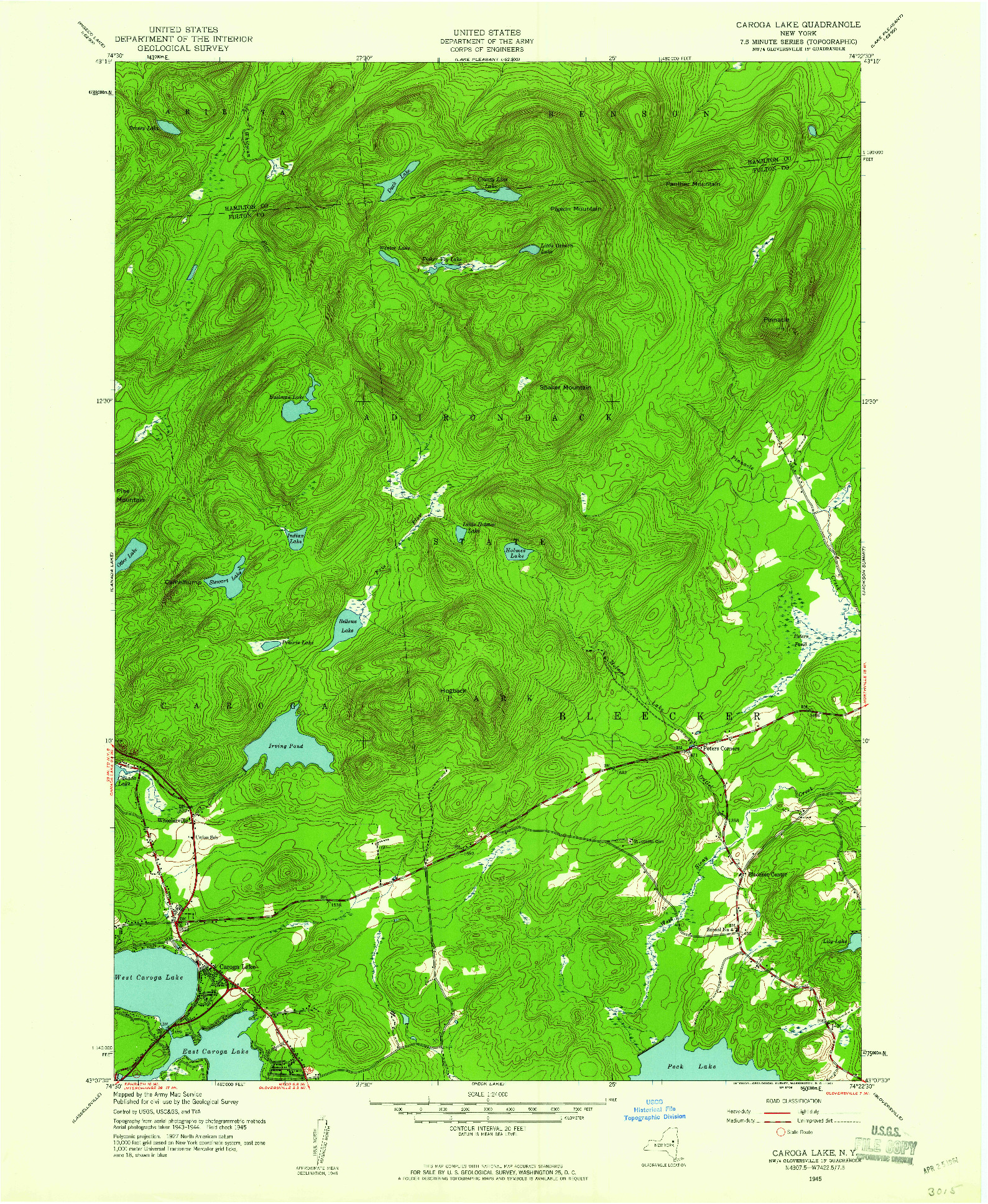 USGS 1:24000-SCALE QUADRANGLE FOR CAROGA LAKE, NY 1945