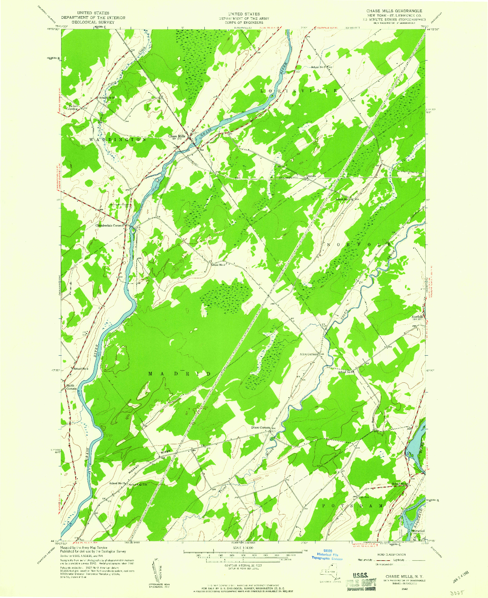 USGS 1:24000-SCALE QUADRANGLE FOR CHASE MILLS, NY 1942