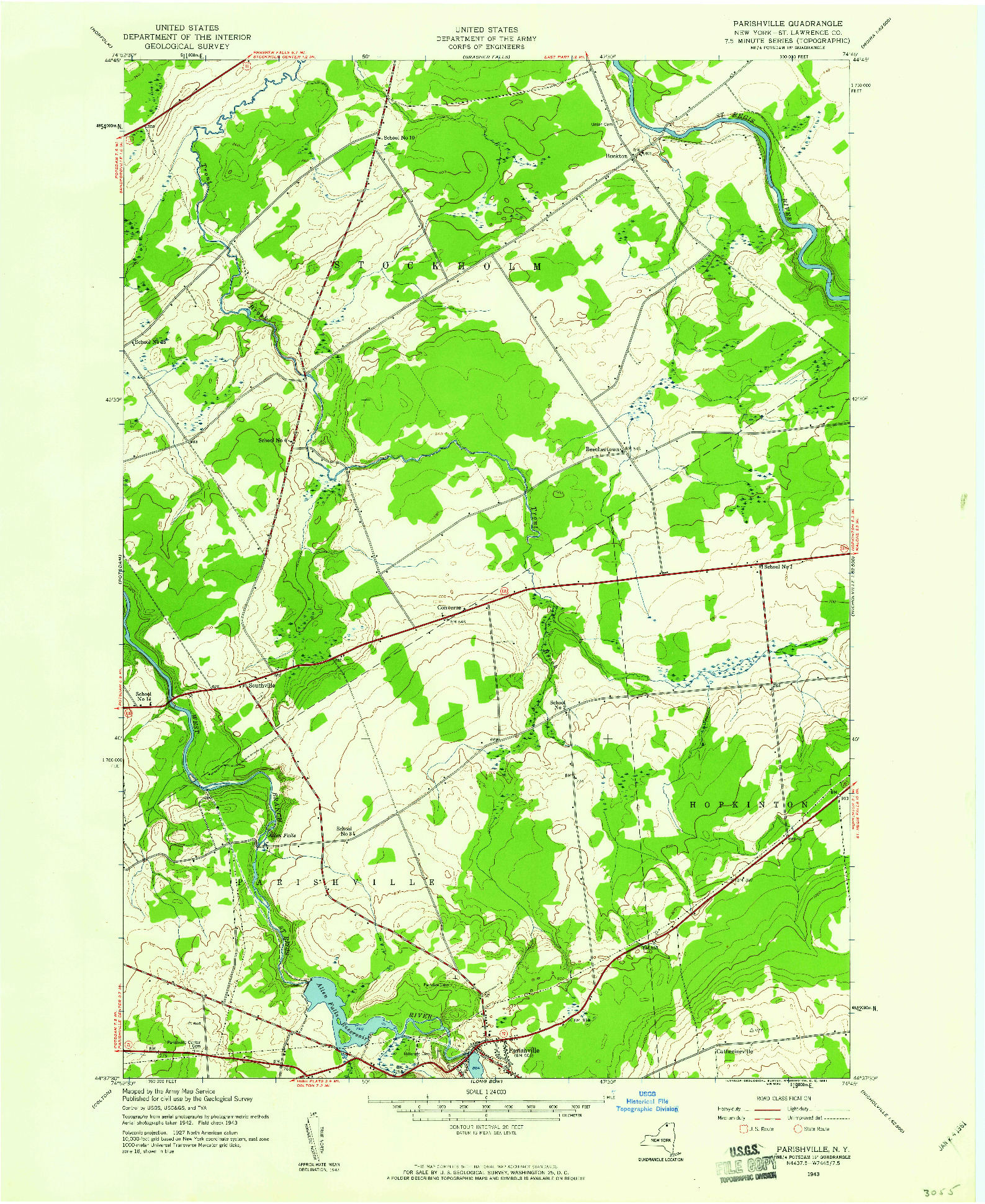 USGS 1:24000-SCALE QUADRANGLE FOR PARISHVILLE, NY 1943