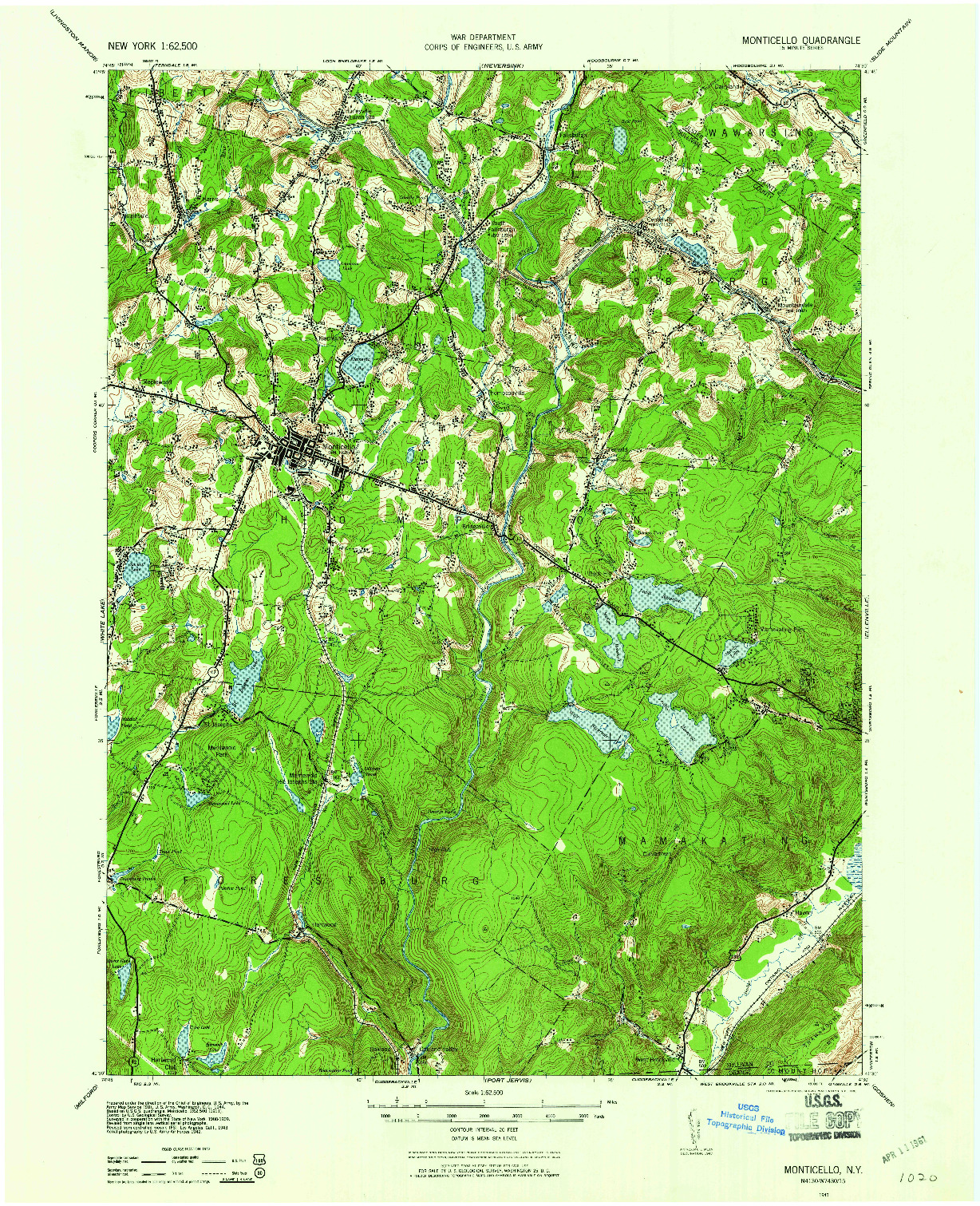 USGS 1:62500-SCALE QUADRANGLE FOR MONTICELLO, NY 1943