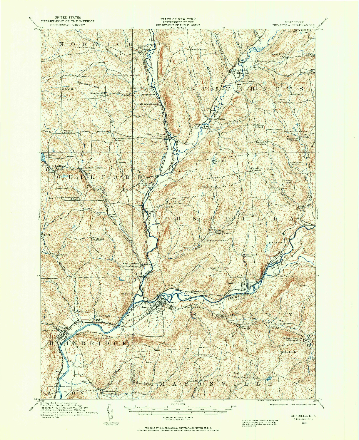 USGS 1:62500-SCALE QUADRANGLE FOR UNADILLA, NY 1915