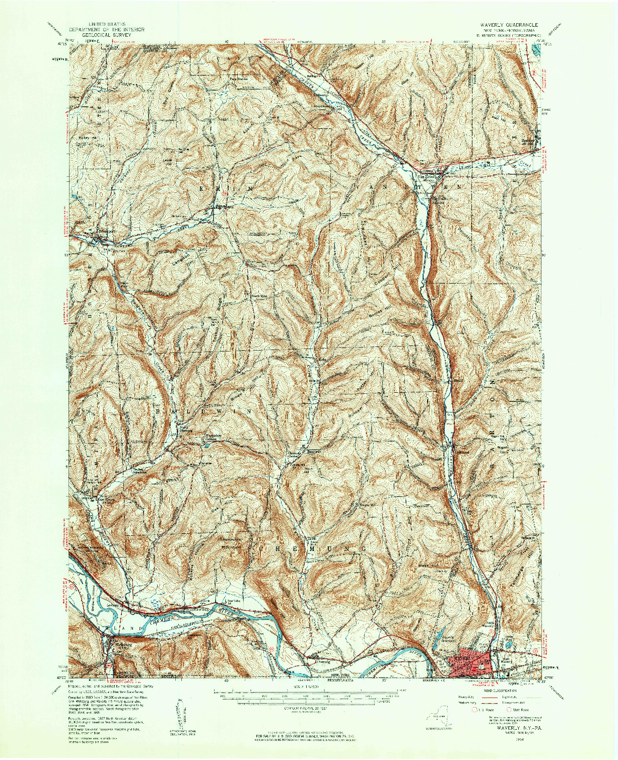 USGS 1:62500-SCALE QUADRANGLE FOR WAVERLY, NY 1954