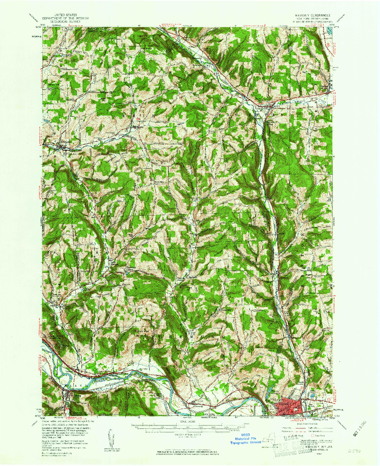 USGS 1:62500-SCALE QUADRANGLE FOR WAVERLY, NY 1954