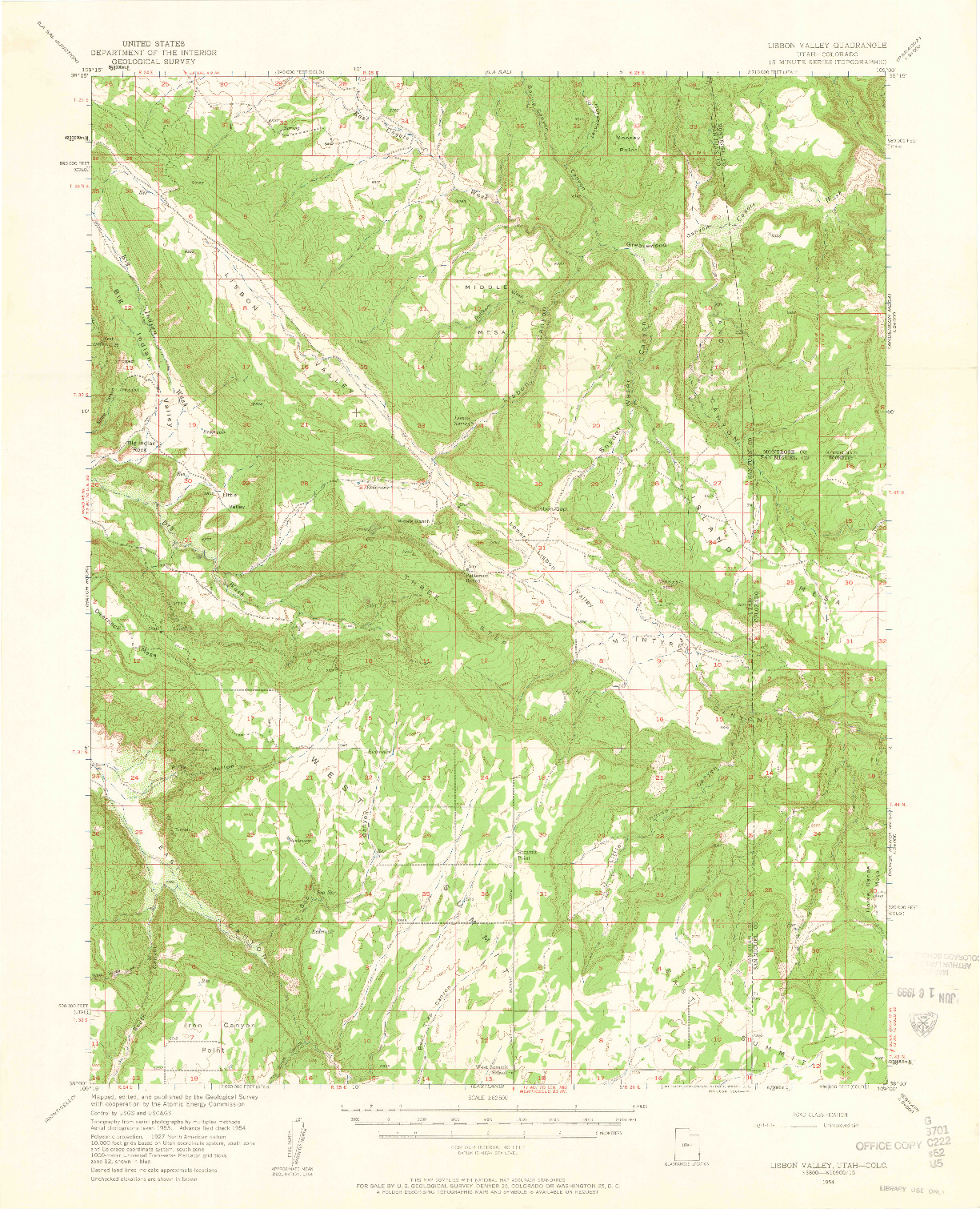 USGS 1:62500-SCALE QUADRANGLE FOR LISBON VALLEY, UT 1954