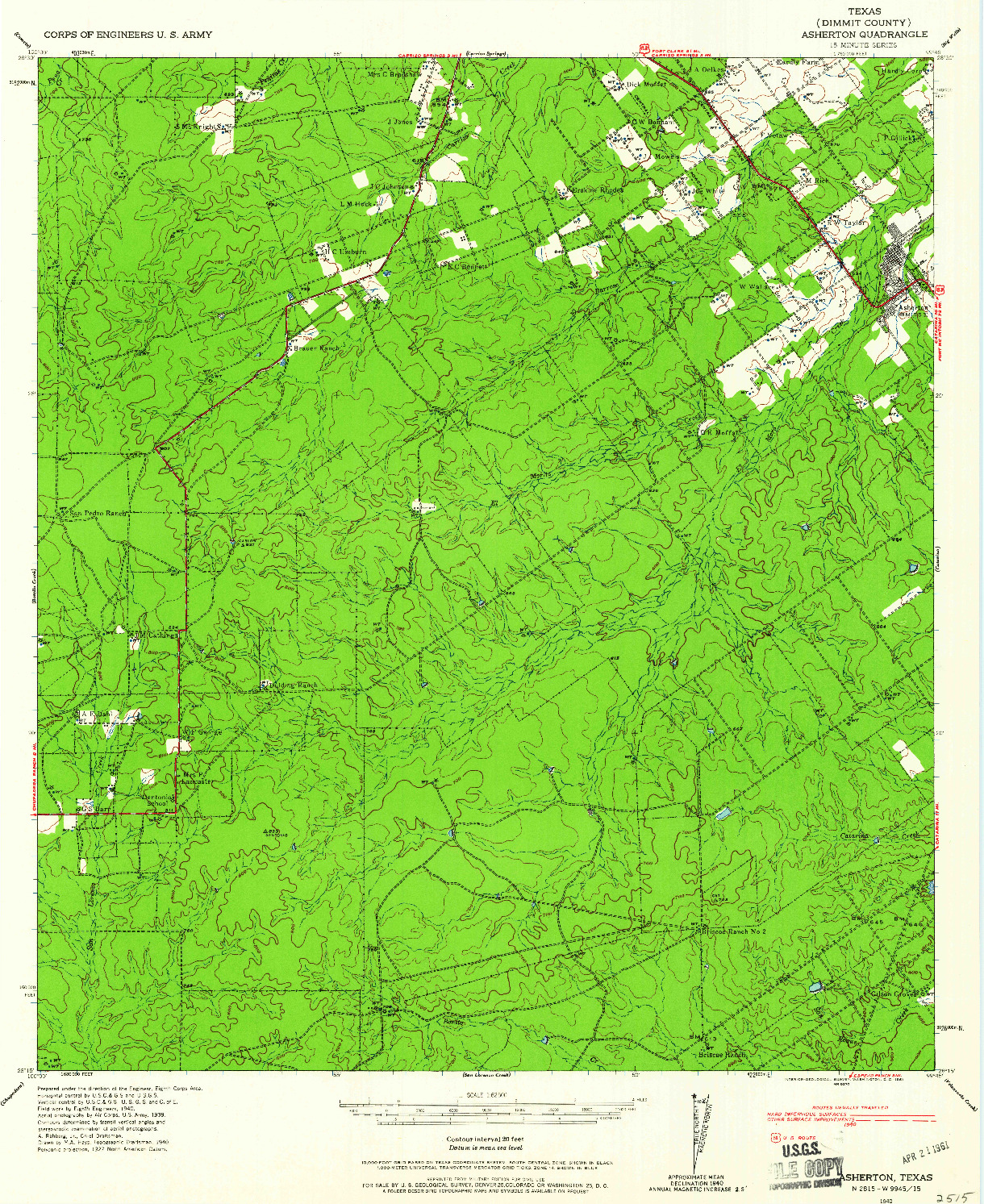 USGS 1:62500-SCALE QUADRANGLE FOR ASHERTON, TX 1940