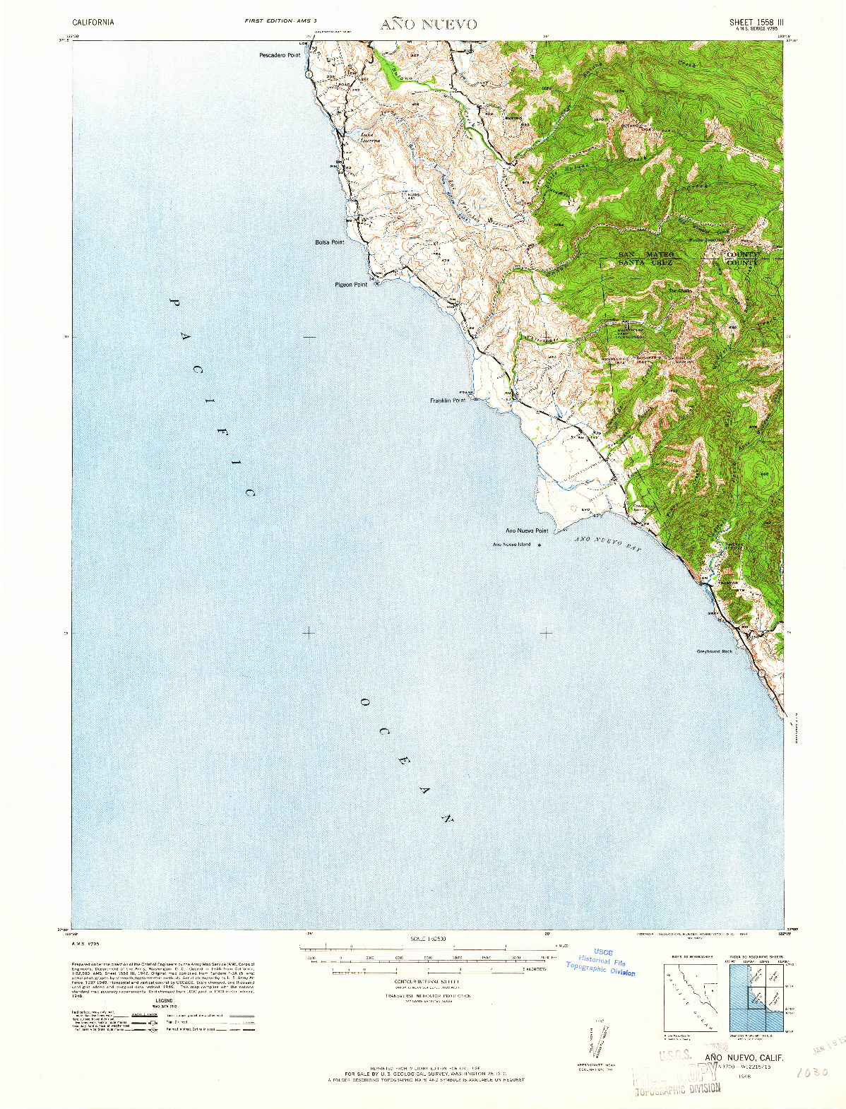 USGS 1:62500-SCALE QUADRANGLE FOR ANO NUEVO, CA 1948