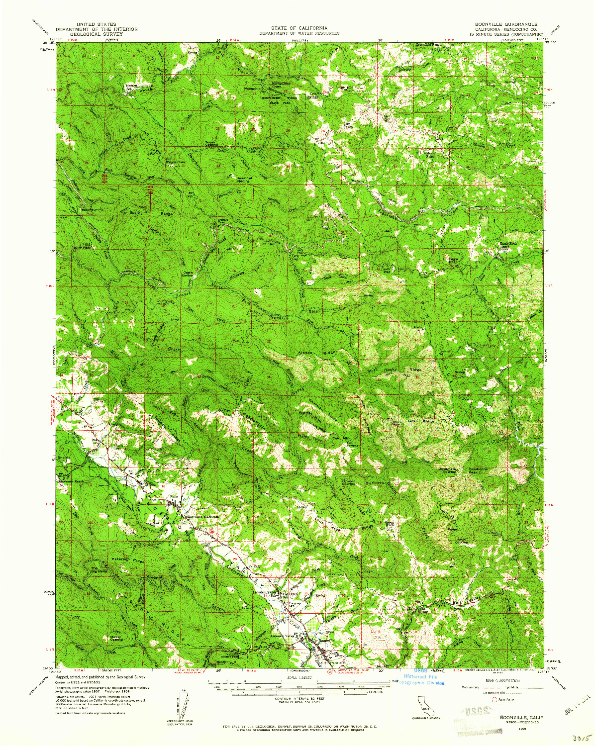 USGS 1:62500-SCALE QUADRANGLE FOR BOONVILLE, CA 1959