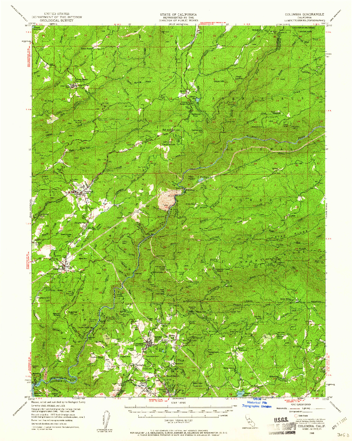 USGS 1:62500-SCALE QUADRANGLE FOR COLUMBIA, CA 1948