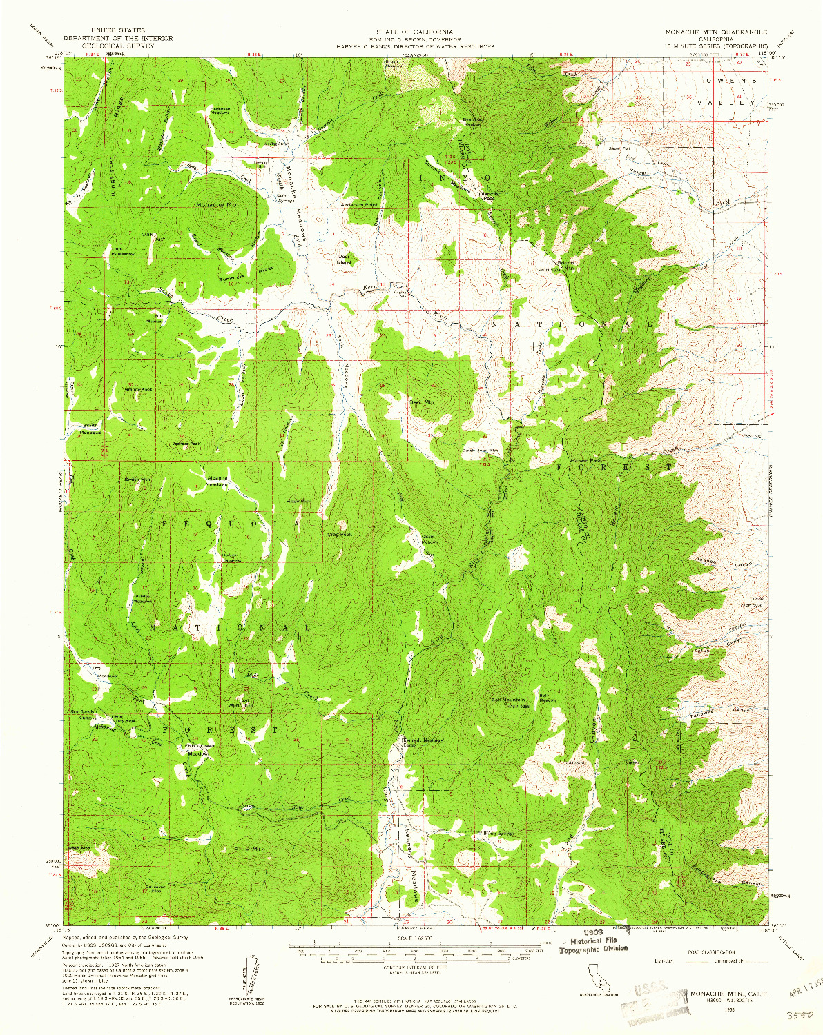 USGS 1:62500-SCALE QUADRANGLE FOR MONACHE MTN, CA 1956