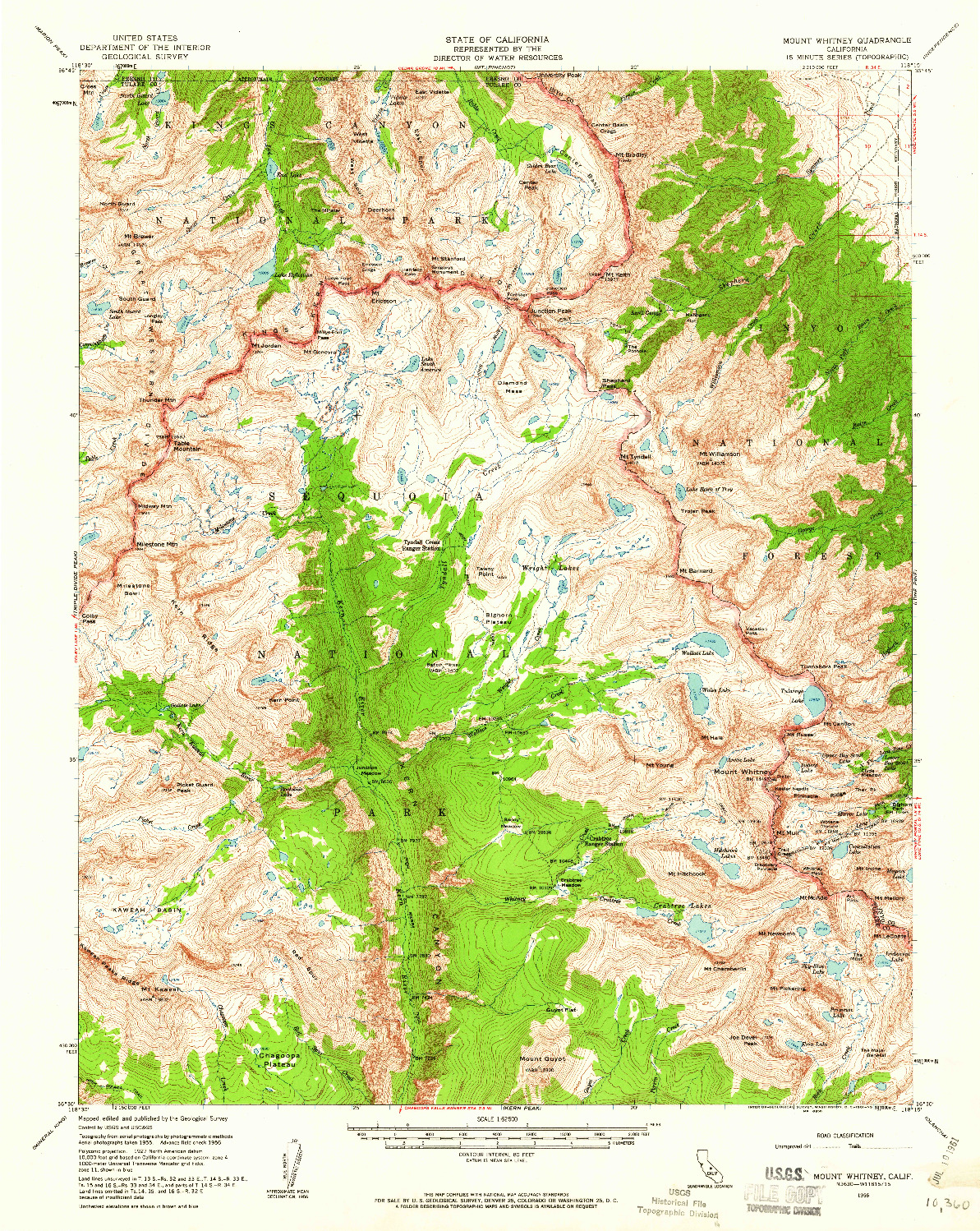 USGS 1:62500-SCALE QUADRANGLE FOR MOUNT WHITNEY, CA 1956