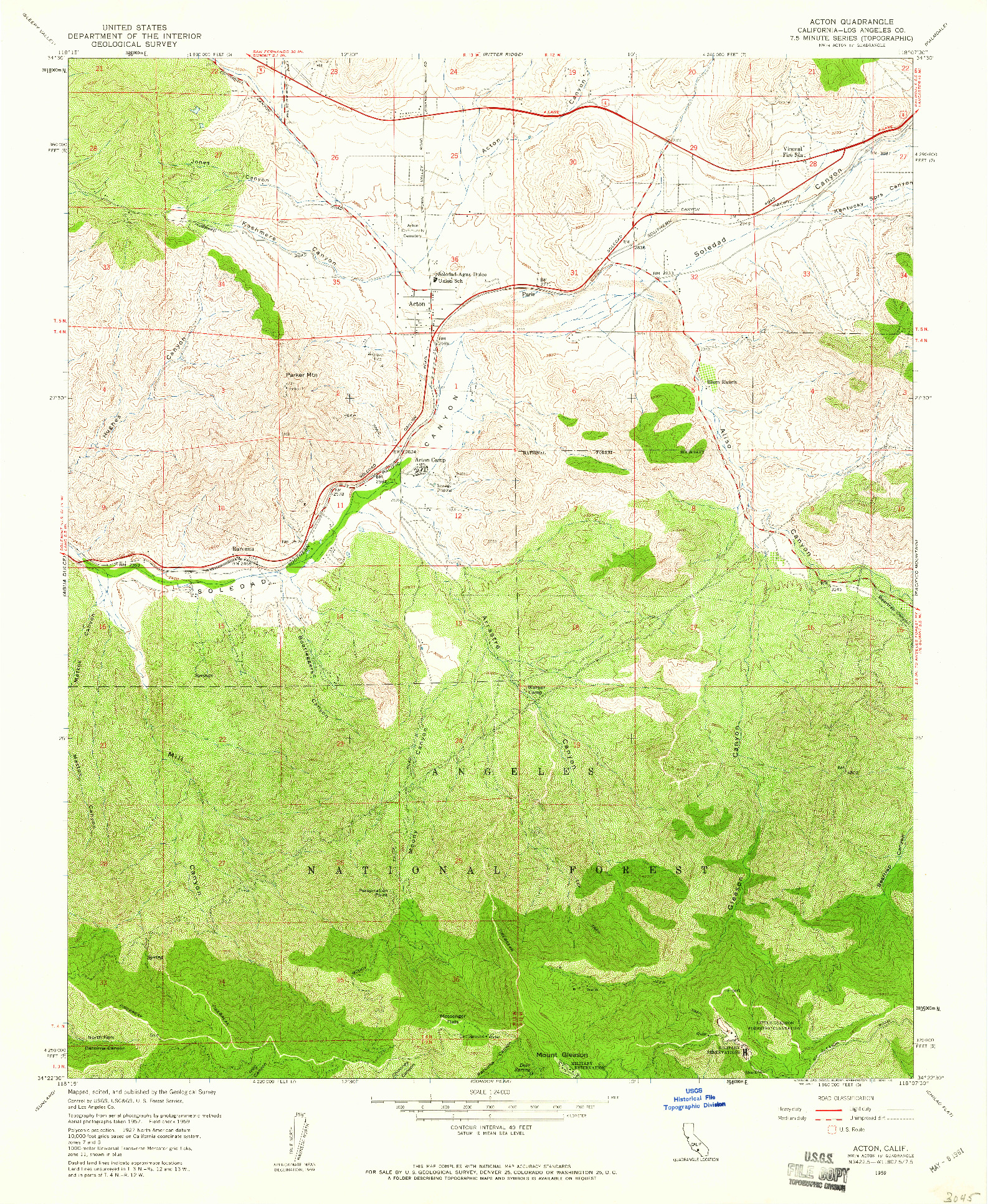 USGS 1:24000-SCALE QUADRANGLE FOR ACTON, CA 1959