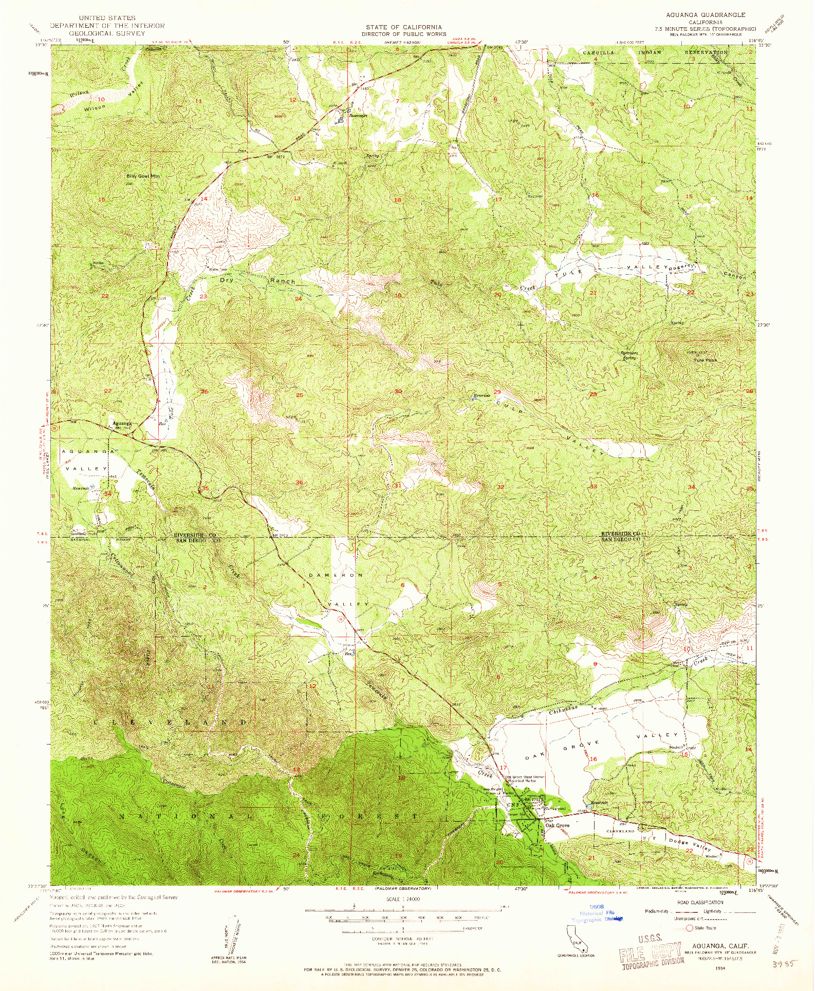 USGS 1:24000-SCALE QUADRANGLE FOR AGUANGA, CA 1954