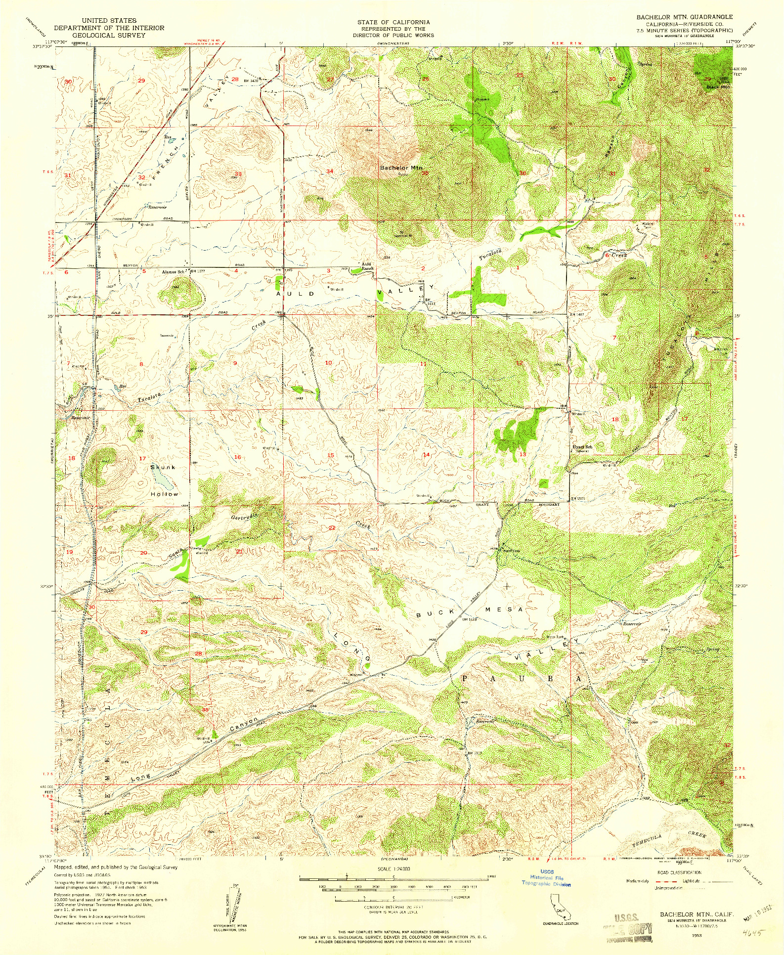 USGS 1:24000-SCALE QUADRANGLE FOR BACHELOR MTN., CA 1953