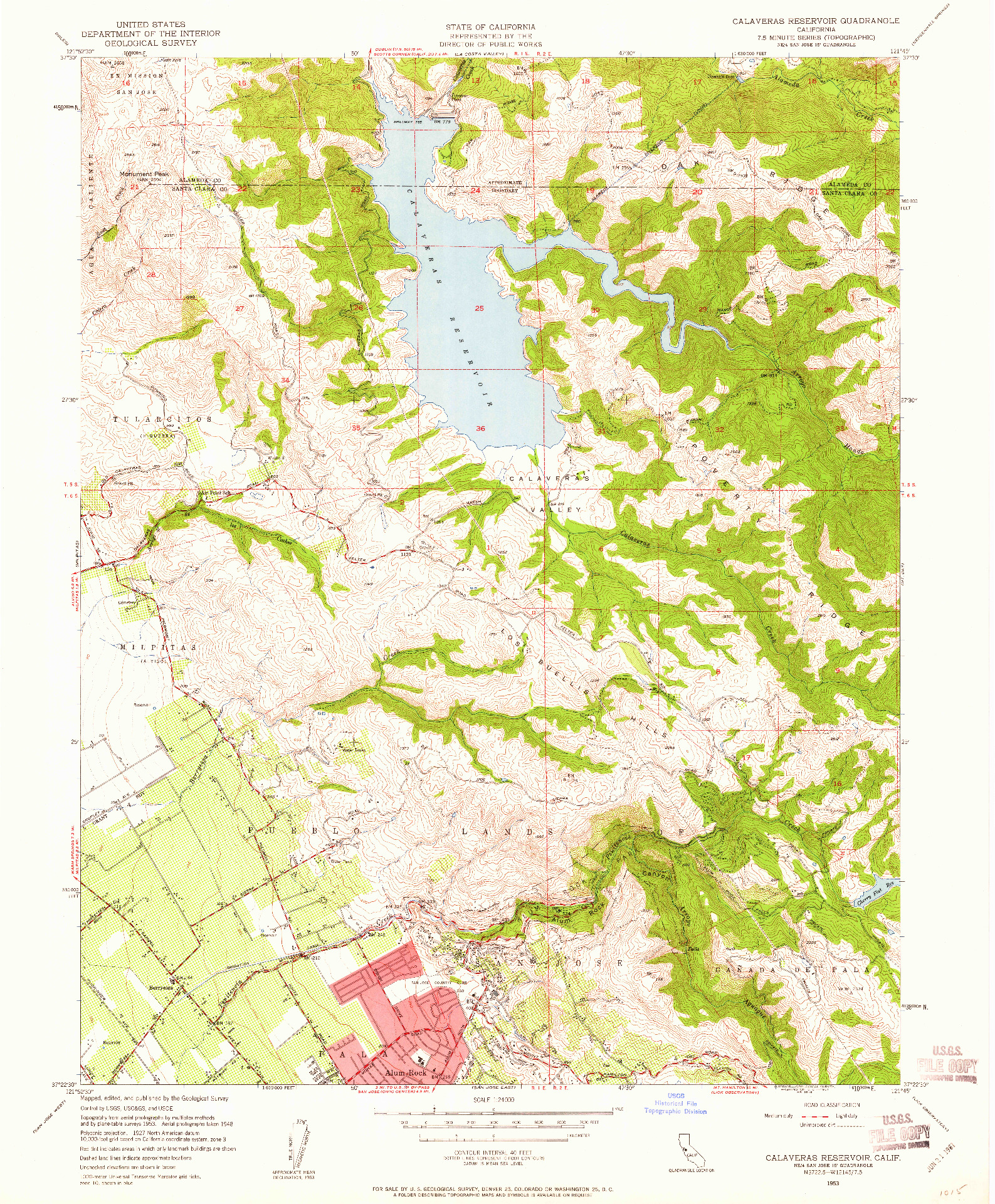 USGS 1:24000-SCALE QUADRANGLE FOR CALAVERAS RESERVOIR, CA 1953