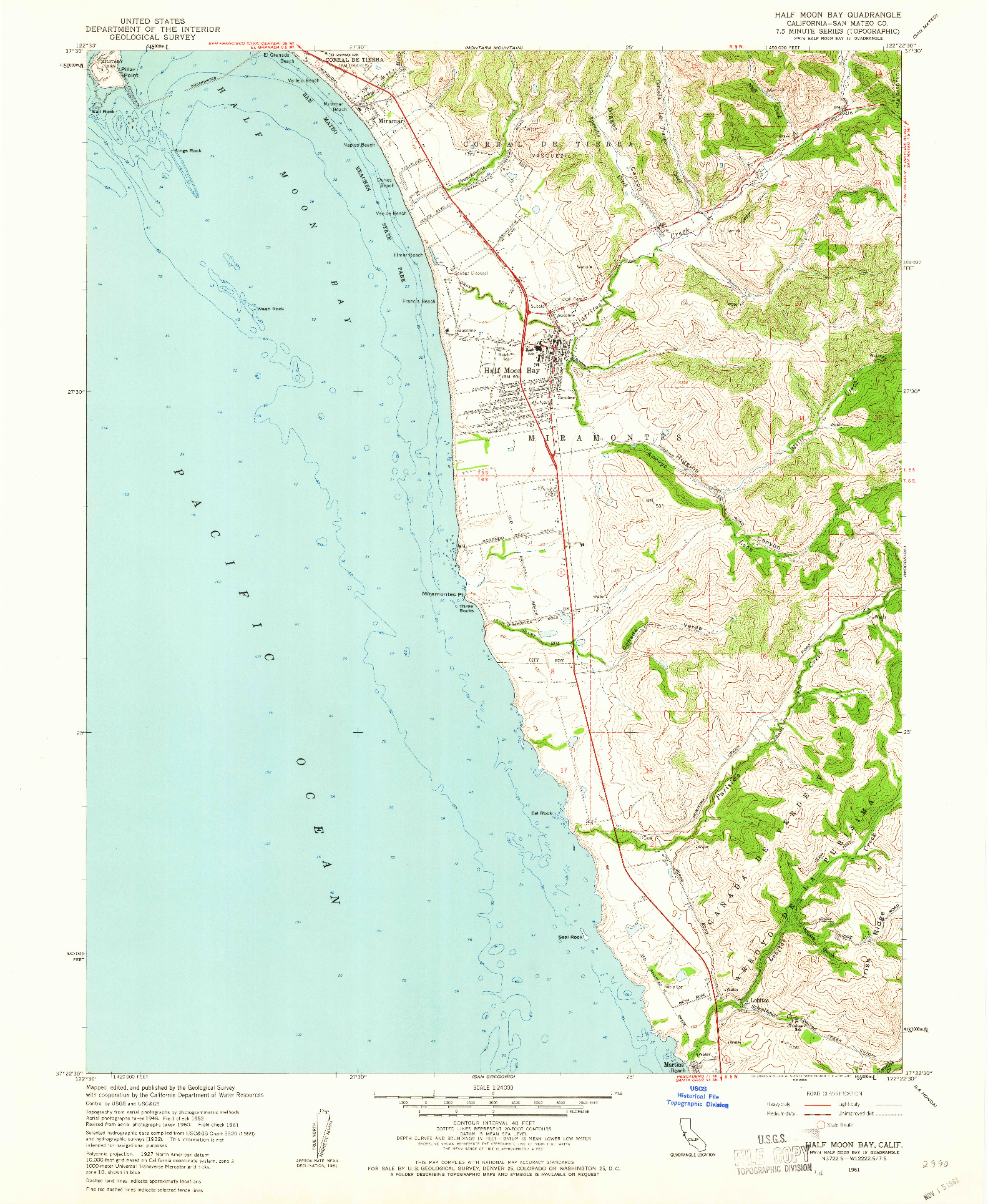 USGS 1:24000-SCALE QUADRANGLE FOR HALF MOON BAY, CA 1961