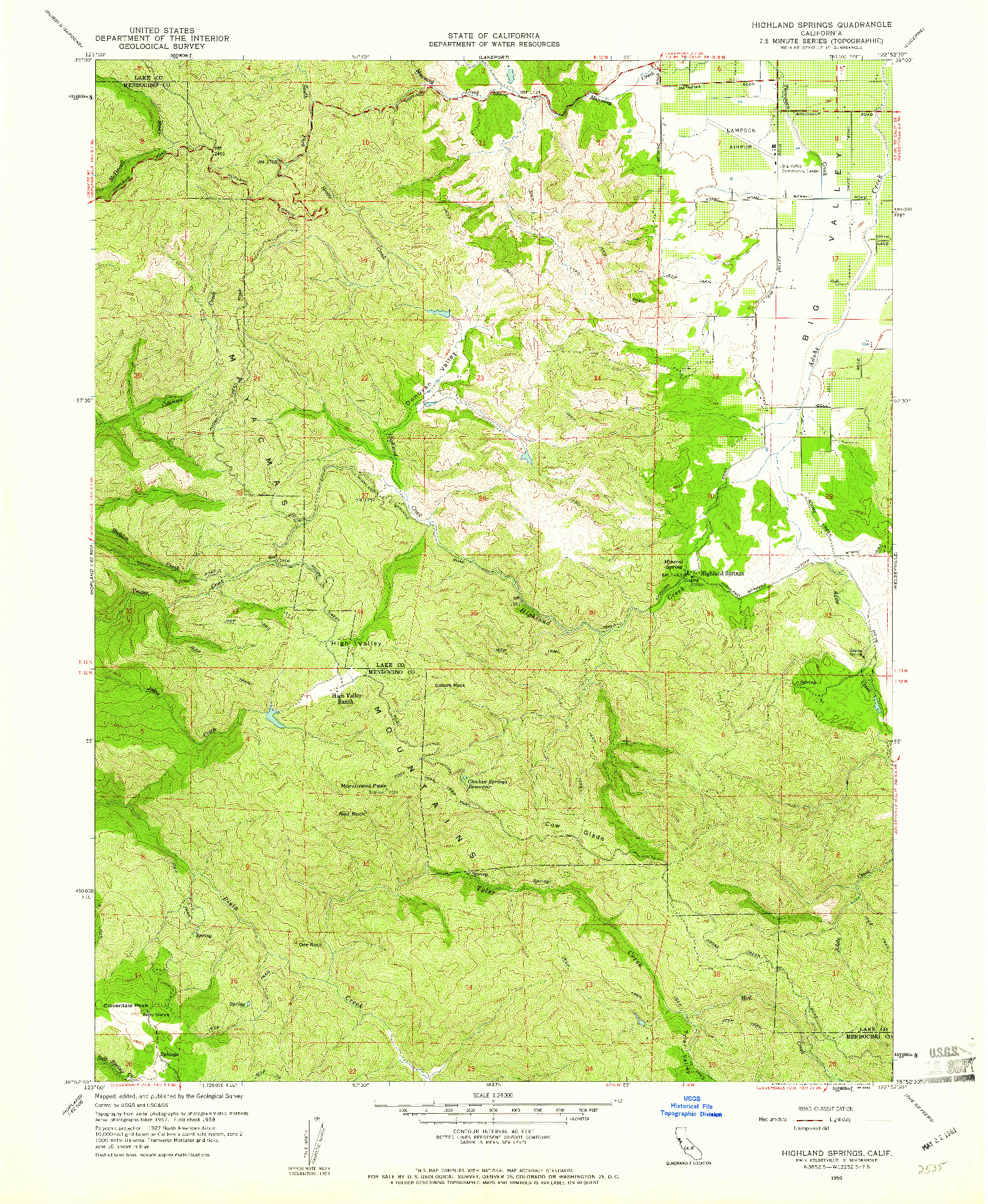 USGS 1:24000-SCALE QUADRANGLE FOR HIGHLAND SPRINGS, CA 1959