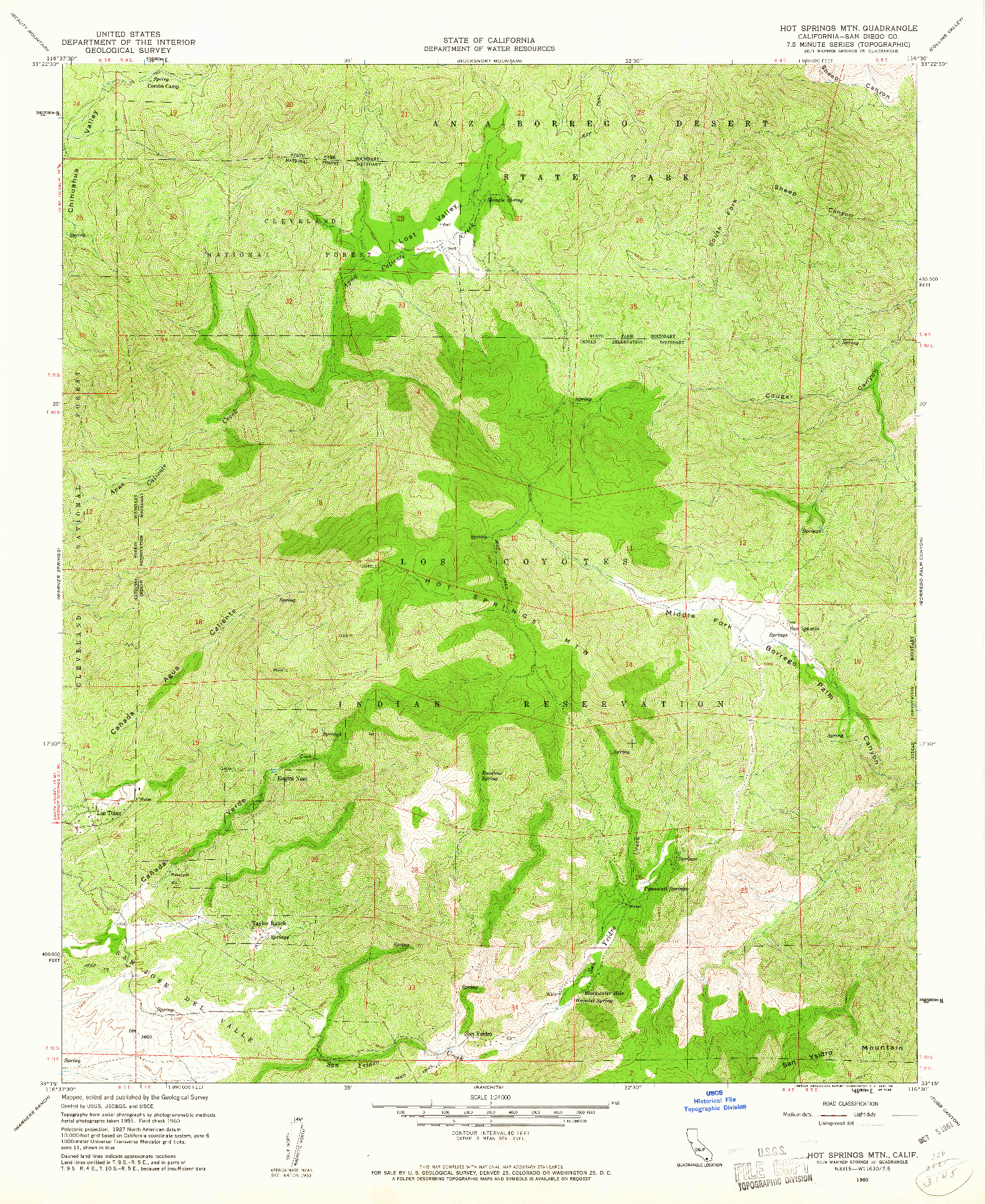 USGS 1:24000-SCALE QUADRANGLE FOR HOT SPRINGS MTN., CA 1960