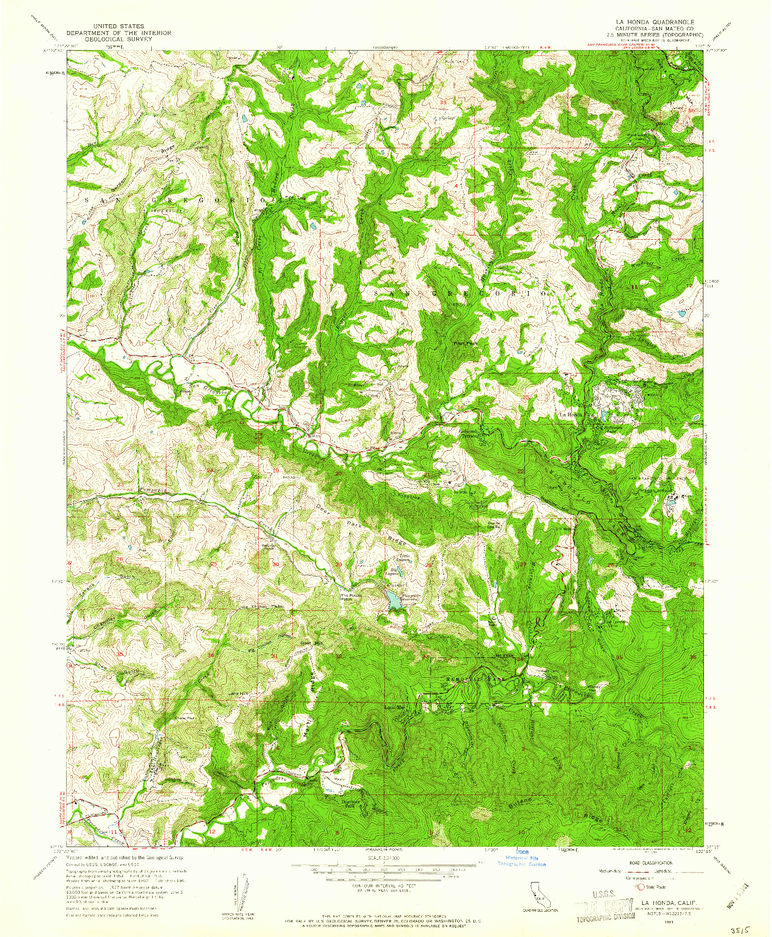 USGS 1:24000-SCALE QUADRANGLE FOR LA HONDA, CA 1961