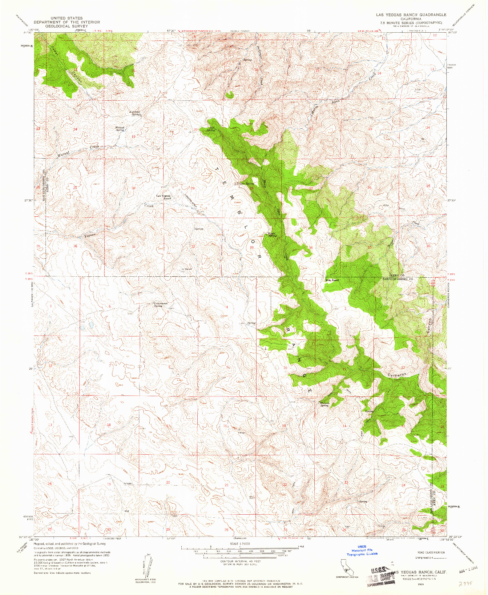 USGS 1:24000-SCALE QUADRANGLE FOR LAS YEGUAS RANCH, CA 1959