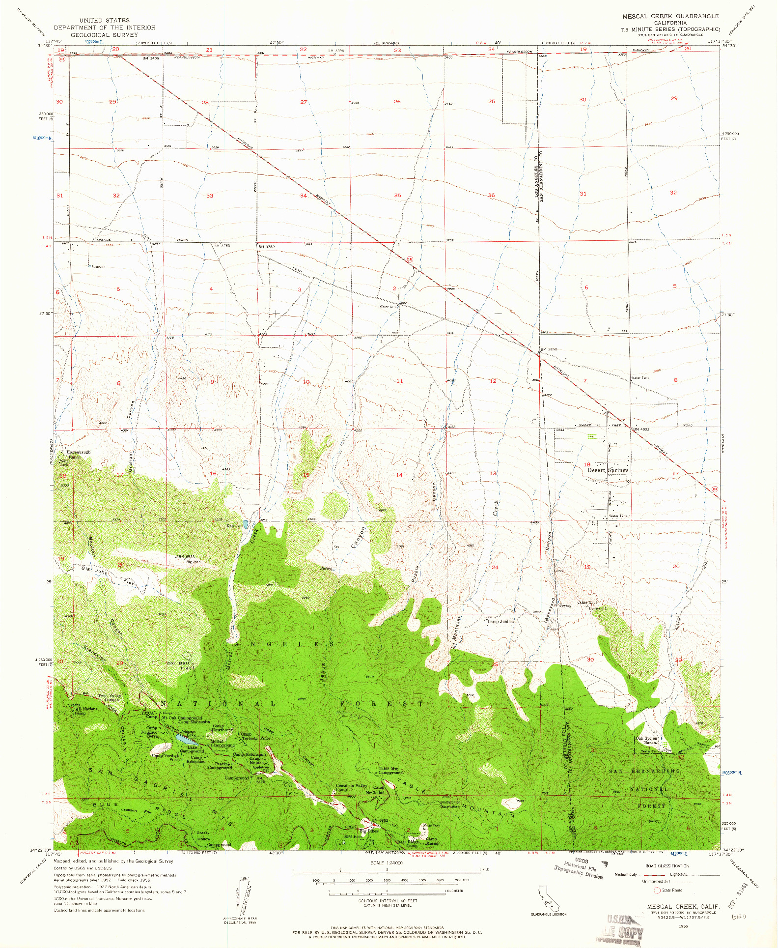 USGS 1:24000-SCALE QUADRANGLE FOR MESCAL CREEK, CA 1956