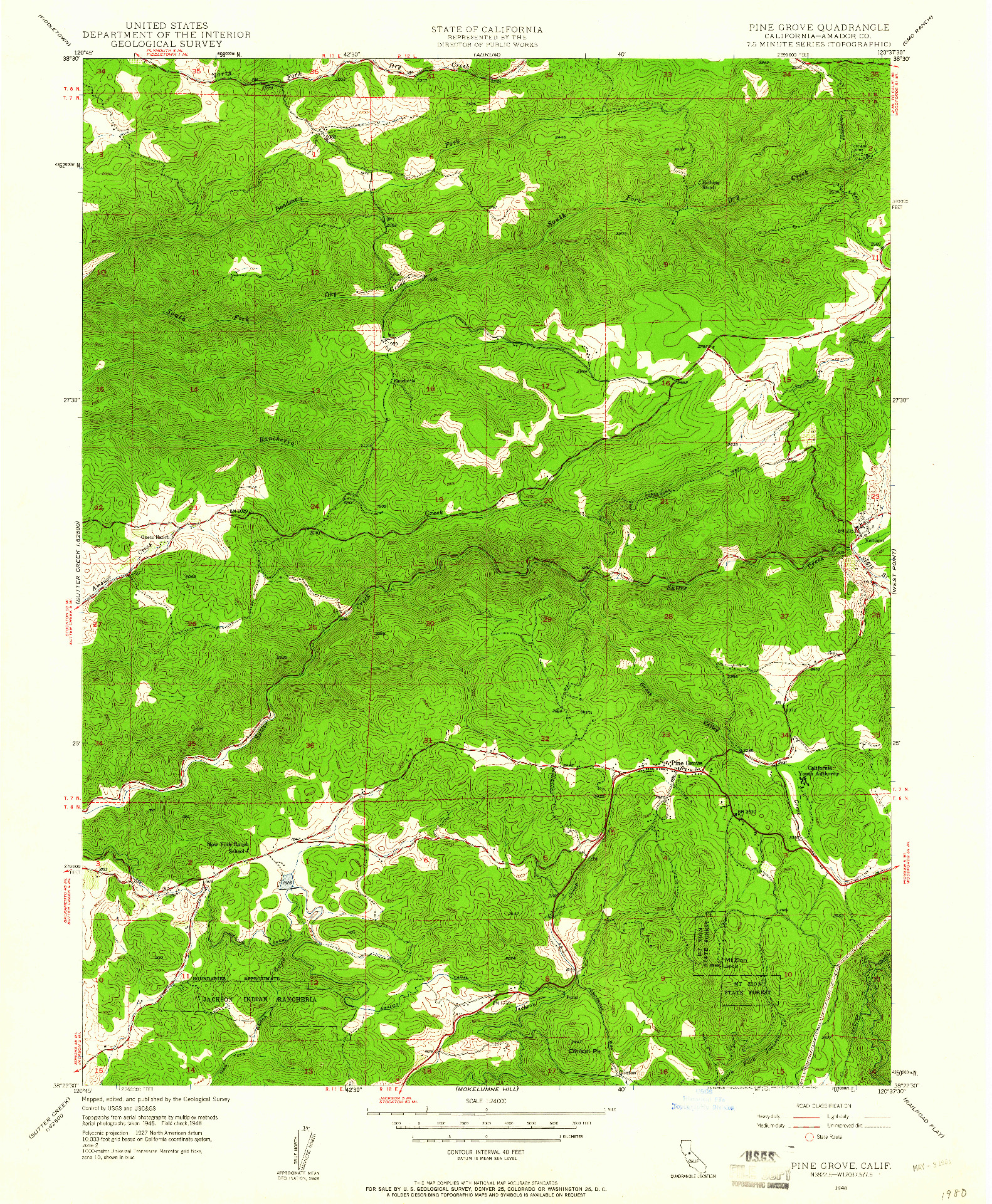 USGS 1:24000-SCALE QUADRANGLE FOR PINE GROVE, CA 1948