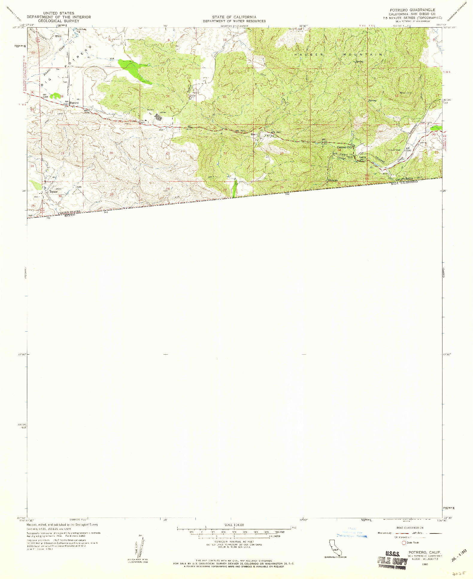 USGS 1:24000-SCALE QUADRANGLE FOR POTRERO, CA 1960