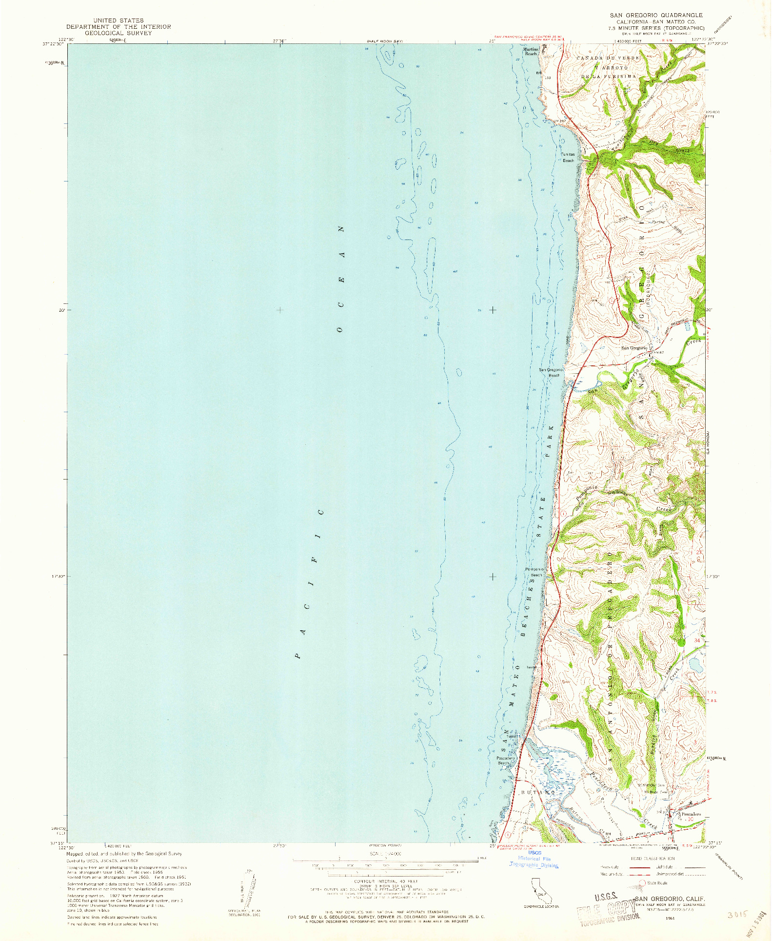 USGS 1:24000-SCALE QUADRANGLE FOR SAN GREGORIO, CA 1961